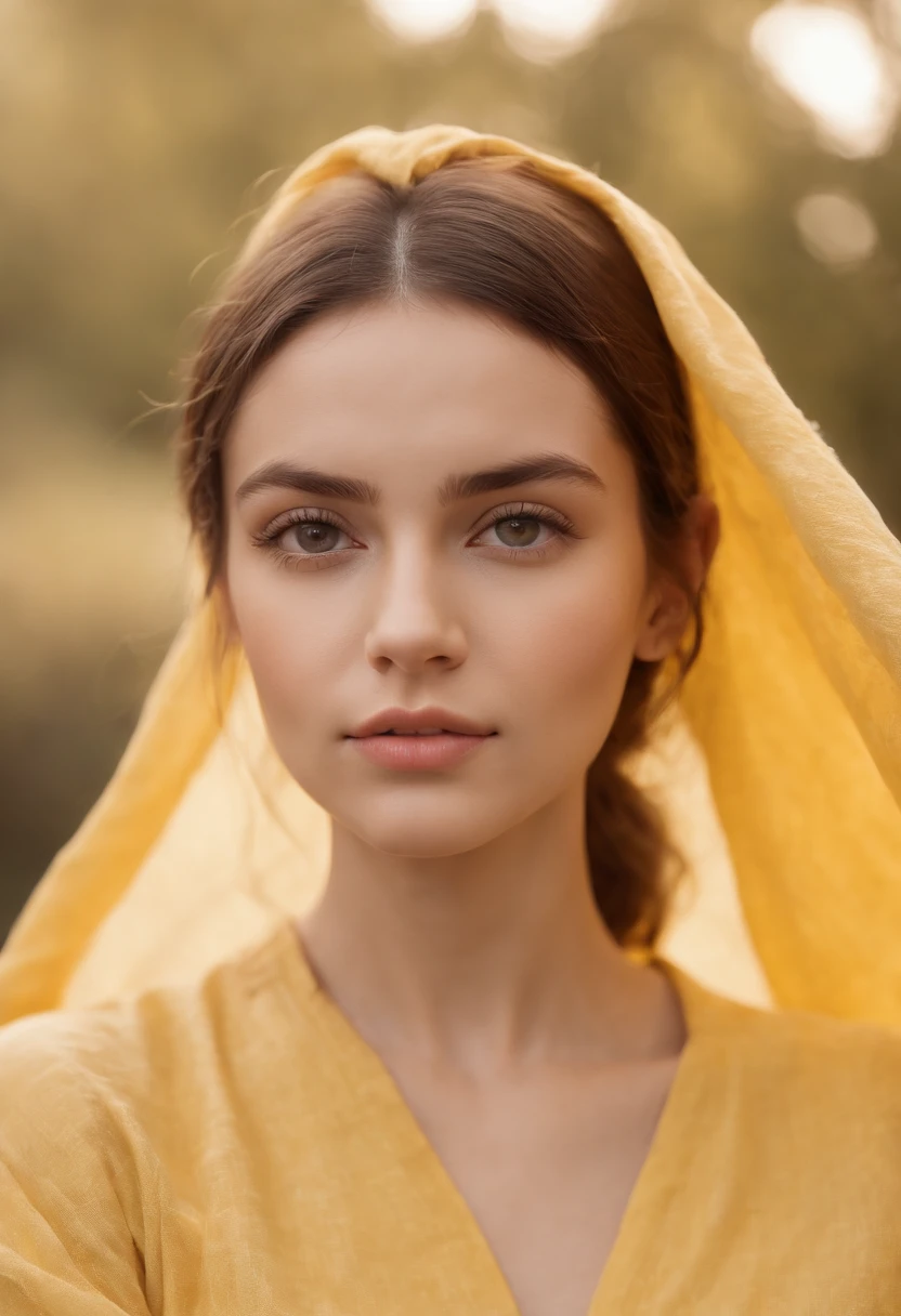 Photograph of a beautiful girl in her 20s in plain pajamas on a long yellow cloth, kubile, Abundante cabello amarillo, Franja arbustiva, Ojos brillantes y hermosos, beautiful symmetrical face, Cara linda e inocente, sin maquillaje, sin adornos, Film grain, Dream photos, Foto conceptual, Emotional photography, realistic photograph, realista, foco nítido, 14k, Altamente detallado, Sociedad CG, Ultra-definition, Grano muy fino, Fotos polvorientas, Filtro de grano tomada con un Iphone 11
