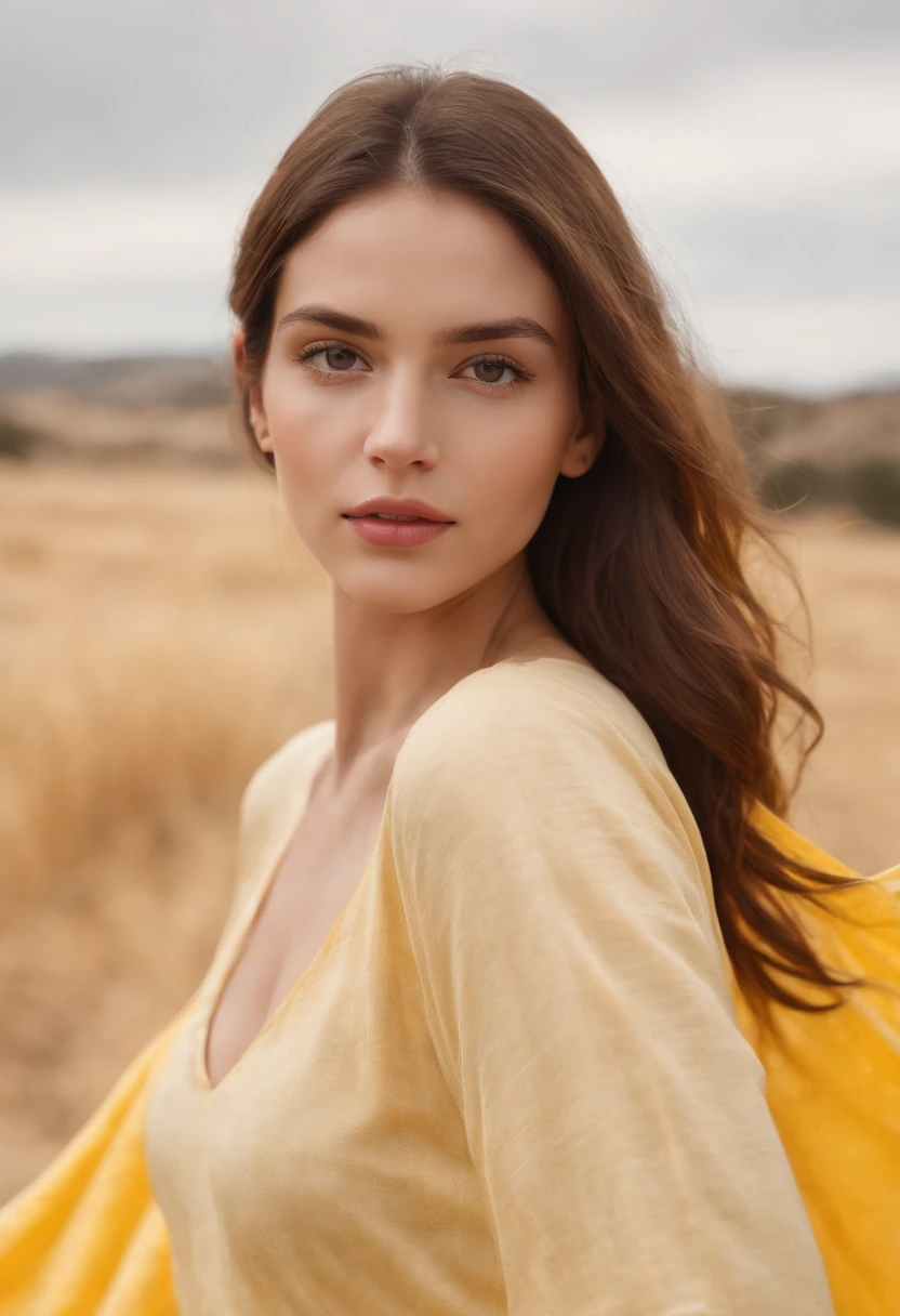 Photograph of a beautiful girl in her 20s in plain pajamas on a long yellow cloth, kubile, Abundante cabello amarillo, Franja arbustiva, Ojos brillantes y hermosos, beautiful symmetrical face, Cara linda e inocente, sin maquillaje, sin adornos, Film grain, Dream photos, Foto conceptual, Emotional photography, realistic photograph, realista, foco nítido, 14k, Altamente detallado, Sociedad CG, Ultra-definition, Grano muy fino, Fotos polvorientas, Filtro de grano tomada con un Iphone 11