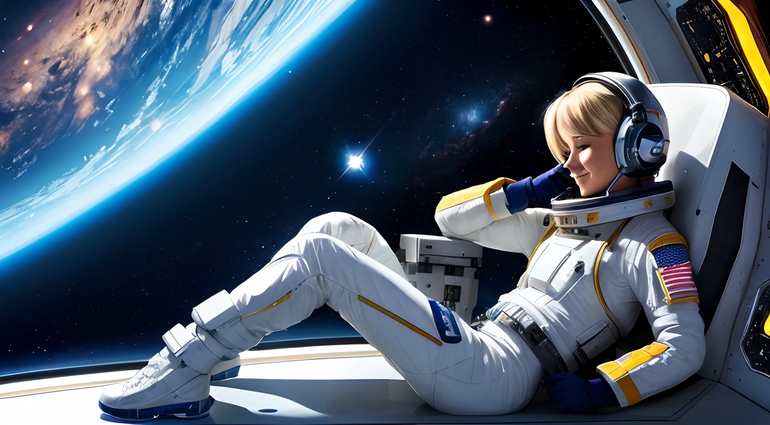 realistic Illustration of a short blond female pilot exploring space ultra-high definition detail, She sits in her bedroom on the spaceship ultra-high definition detail, taking a rest listening to music exploring the unknown realm of the universe。It is characterized by her calm and brave figure, The background is an expanse of outer space with galaxies and nebula across space. The costume is a spaceship pilot's suit, ultra-high definition detail, deep space, she is in the space station, she is smiling, enjoying the music,she is blinking her eyes, comet  leaving a trail of dust in the background