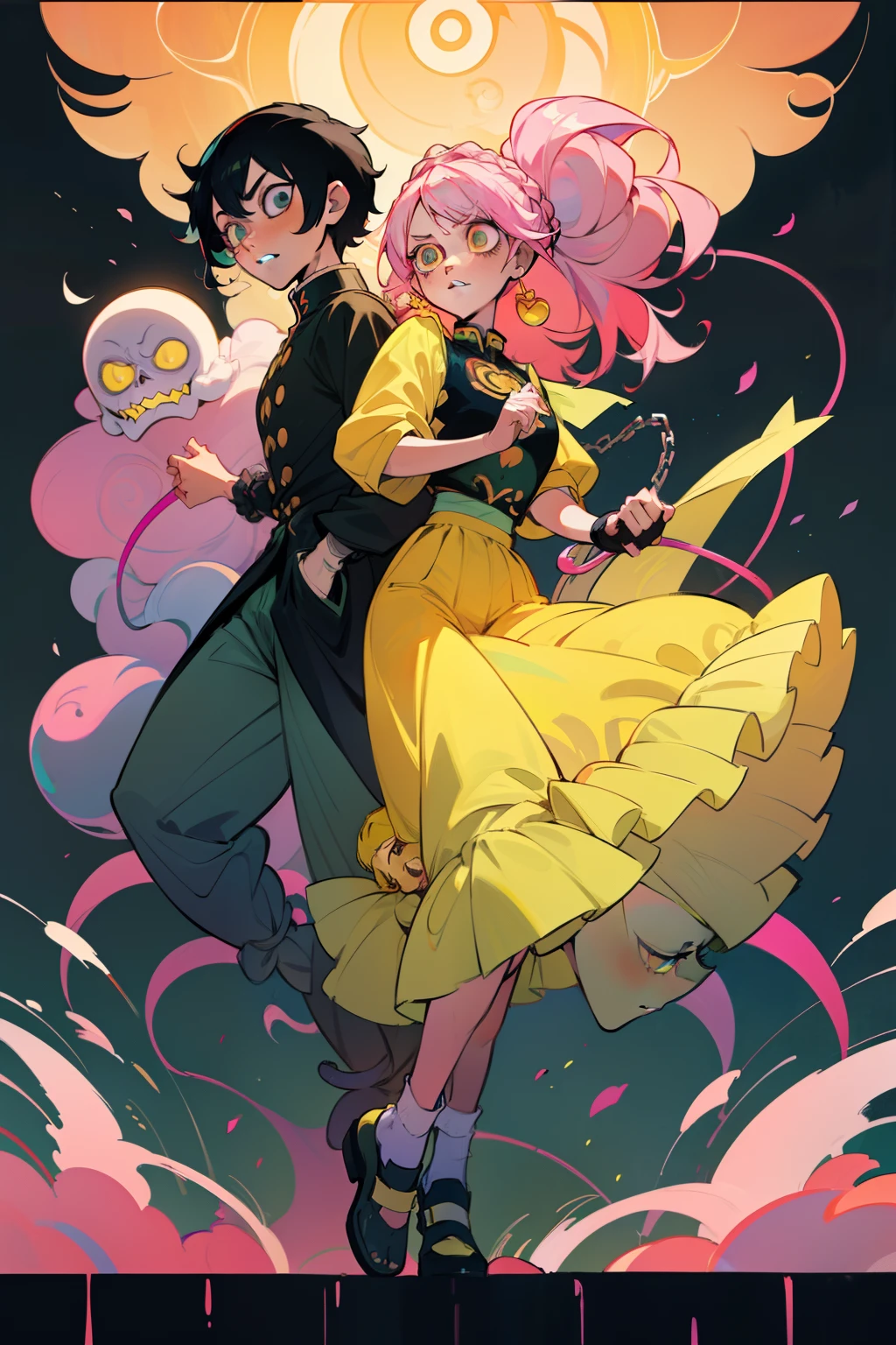 princess and her prince, A LARGE FLUFFY FEATHER THRONE, angel woman in a garden with her handsome demon boyfriend, attractive male, magazine cover, yellow shirt, yellow skirt, yellow hair, yellow sky, yellow, yellow cats, yellow bed, wearing low rise baggy camo pants with square pockets and a cute decorated bra with chains and tore pants, yellow pants, change background, CITY LANDSCAPE, PINK HAIRED, Cotton CANDY, long black haired princess girl with her short green haired zombie boyfriend (((DEMON SLAYER anime art style theme))) ANIME STYLE. wanwa, MANGA, yellow theme, sisters, couple, shibari over a floral dress, crocs with charms, frilly ankle socks with bows, large bows, color schemes pink, pink glowing elements, light effects, bright lights, aura, light rays, back lighting, warm back light, background is grass field, dynamic pose, vogue model, prada model, gucci model, long braided hair, flowers,tattoos, piercings, socks with frills, mini jean skirt, and strap-less top, y2k, black water, Ultra maniac anime manga style theme (nana manga) Kamikaze kaitoujin, full body high quality 4k illustration, Junji ito style, (uzumaki, lit. "Spiral") is a Japanese horror manga series written and illustrated by Junji Ito, horror illustration, (uzumaki) (tomie) (a girl,beauty,2girls,3girls)cool detailed eyes,beautiful detailed lips,extremely detailed eyes and face,longeyelashes,colorful hair,confident smile,stylish outfit, earringsin a dynamic pose(aesthetic style),vibrant colors,street-art inspired background,urban lighting, pearly white and oranget, horror Comic book, White hair streaks, aqua blue hair, hair with a lot of flow, skeletons, princess Tutu,