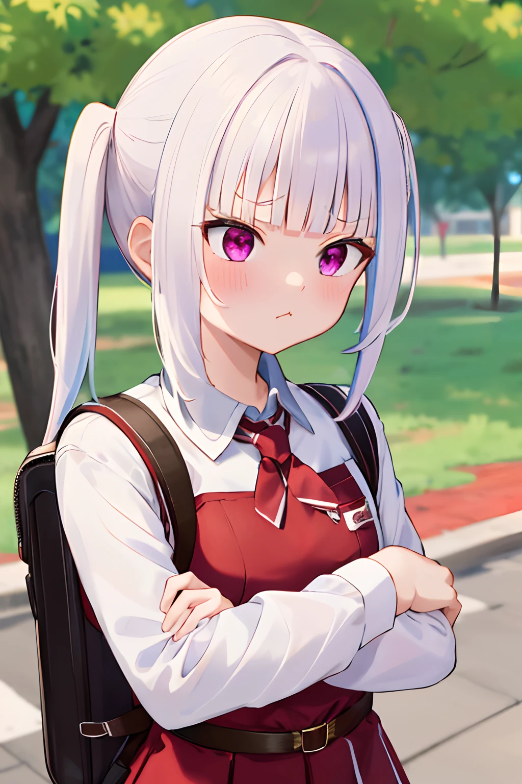 1girl, straight-on, upper body, solo, closed mouth, white shirt, tight shirt, red skirt, red necktie, holding backpack, angry, pout, red cheeks, school, 7 year old girl, (iwanagadress:1.2), (iwanagakotoko:0.9), lineart, outdoor, long sleeves, looking away, twintail