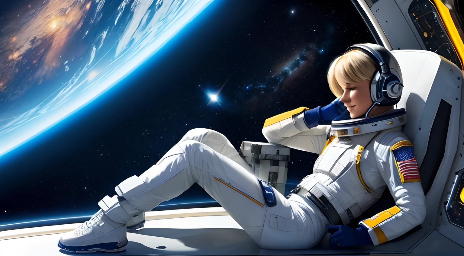 realistic Illustration of a short blond female pilot exploring space ultra-high definition detail, She sits in her bedroom on the spaceship ultra-high definition detail, taking a rest listening to music exploring the unknown realm of the universe。It is characterized by her calm and brave figure, The background is an expanse of outer space with galaxies and nebula across space. The costume is a spaceship pilot's suit, ultra-high definition detail, deep space, she is in the space station, she is smiling, enjoying the music,she is blinking her eyes, comet  leaving a trail of dust in the background