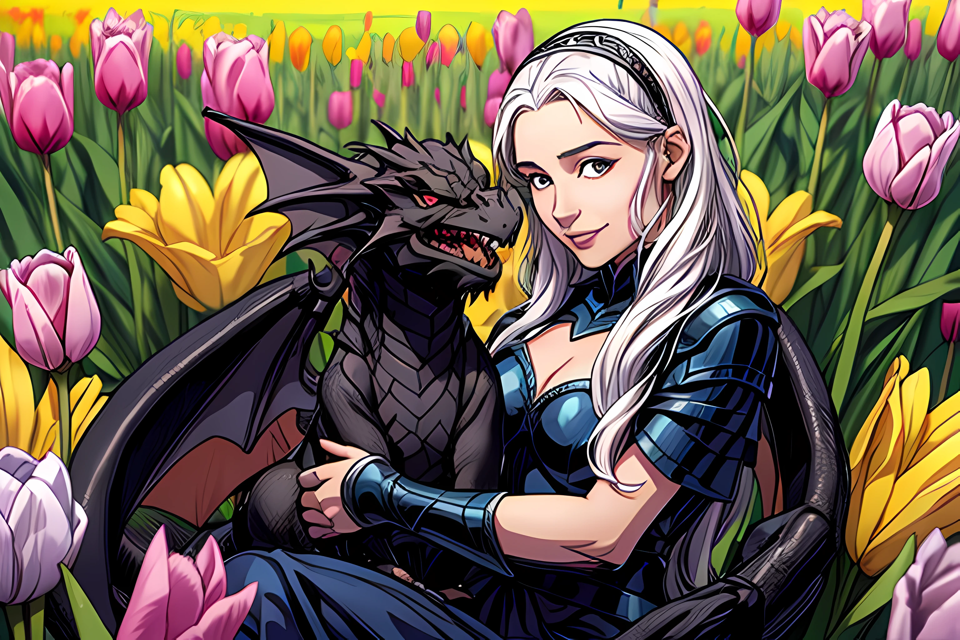 (style of Hieronymus Bosch), Daenerys Targaryen sitting holding a (cute (chibi) black dragon), smiling, field of tulips, sunny, detailed, sharp, high resolution, 8k, high saturation, portrait