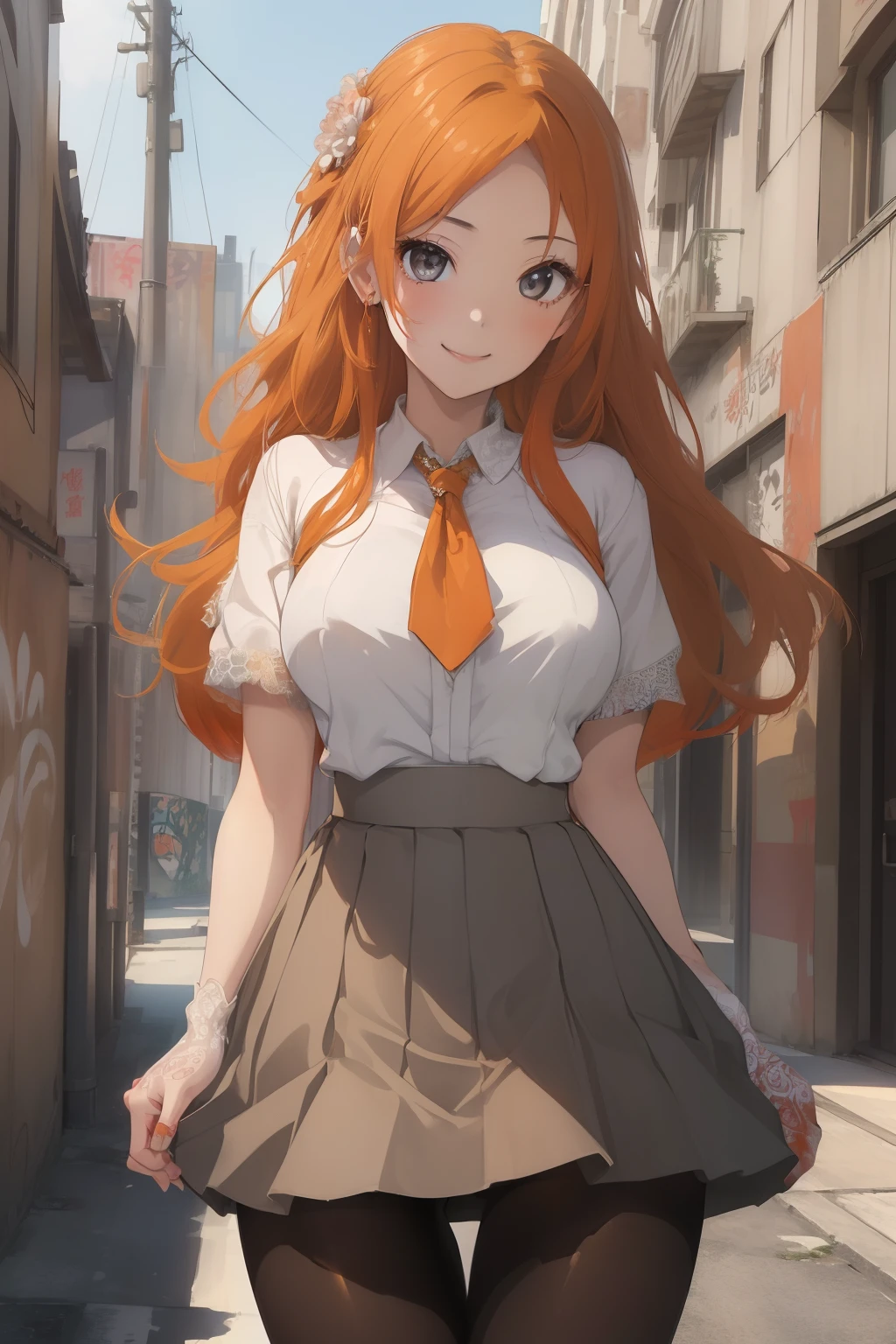(masterpiece、top-quality、top-quality、Beautifully Aesthetic:1.2)、1 girl in、ighly detailed、highestdetailed、grey eyes、orange color hair|long Brond Hair、((weddingdress))、((pantyhose))、Matsumoto Rangiku、graffiti art、Look at the viewer、A smile、((Open legs))、((Empty background))、((Raise the skirt))