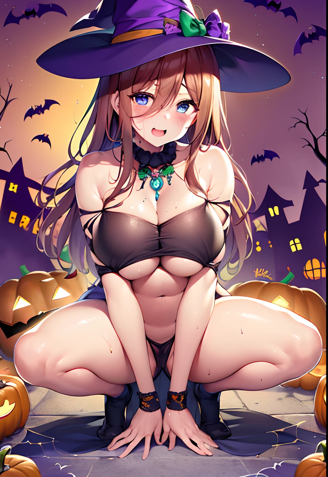 top-quality、Highly detailed anime super detail、​masterpiece、tre anatomically correct、Detailed hand、(Mother 1.6)、8K、I love my tides、sexual excitement、Upper line、huge-breasted、thighs thighs thighs thighs、cold sweat、Sweat profusely、Friendly face、Stuffiness、Foreplay、(Halloween Wear:1.6)、Moisturizing skin、(Drenched body:1.3)、Detail Eye、NSFW、erotick、Glossy lotion on the head、oppressive、Best Necklaces、cum on、Stuffiness、Lustrous hair、Throwing kisses、Wink、hair on the crotch、Halloween Backgrounds、 Vibe insertion、During squats、masturbation、Streaks in the crotch、Frontal view、full-body view