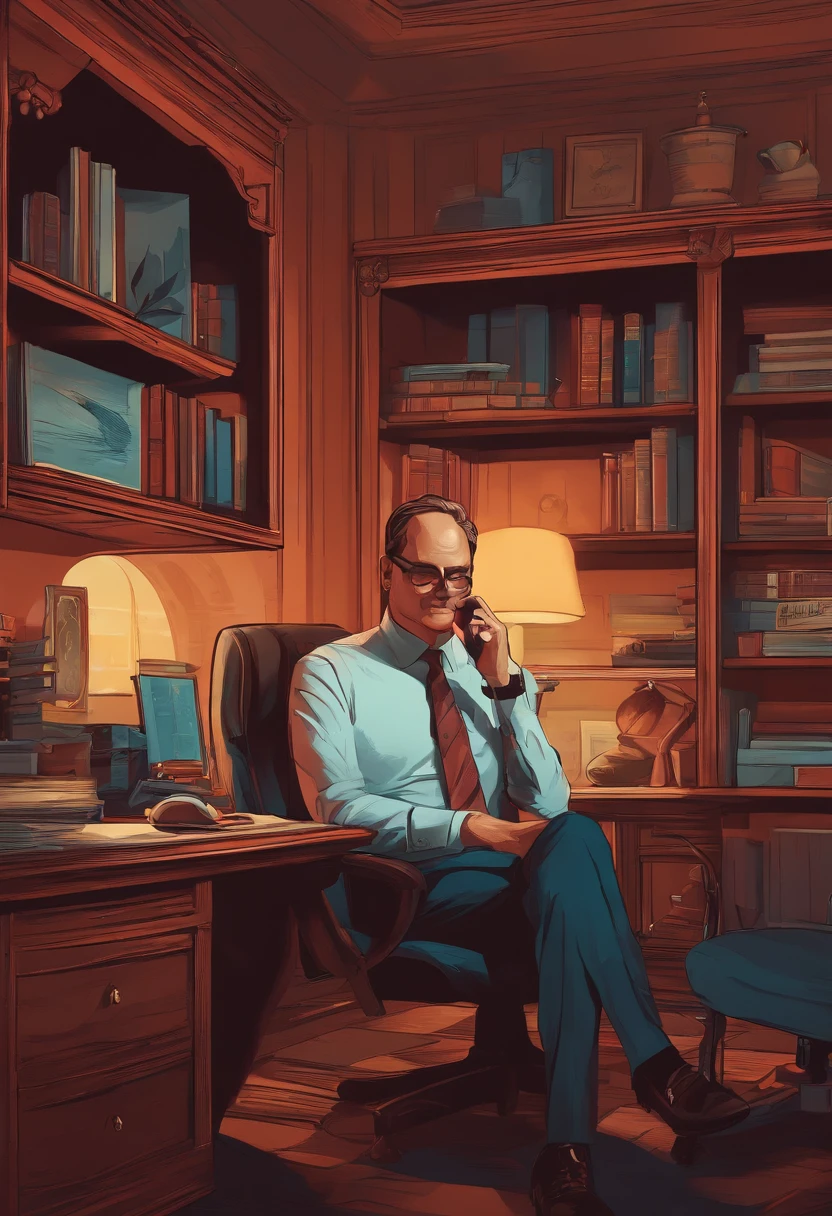 man with beard, dressed in formal t-shirt and slacks, sitting in a chair in the middle of the room reading his emails, 4K, screenprint, dapple macaroni, in style of barlowe, mignola inspirador, octane rendered --ar 5:7 --uplight