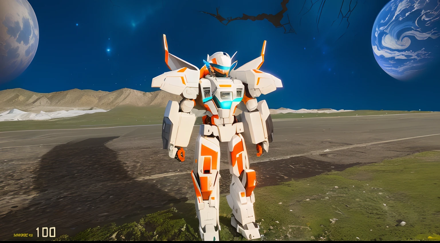 a white colored transformer with green inserts, symmetrically arranged orange parts, on the frontof the body not transparent cabin, on the back - aircraft's wings, arms from elbows to hands look like the front part of a car like from lamborghini, wheels are visible on the forearms, wheels are visible on the back of the knees, on the legs from knees to the ankle there are aircraft's repulsors and small aircraft's tail wings, dressed in a cloak with a metallic tint, no helmet, light blue eyes, instead of the right hand there is a built-in plasma pistol, an orange energy blade comes out of the wrist of the left hand, two legs, two arms, not a suit, composition on the metal planet, big metalic planet, dark-blue metal, shiny metal, cybertron, mechanical planet, empty wasteland, no buildings, no structures, dark blue storm clouds, light blue lightning from clouds, blue river, river to horizon, electrized river, light blue lightning from river, space sky, stars on the sky, realistic, watercolor, 4k, high quality, hight attention to details.