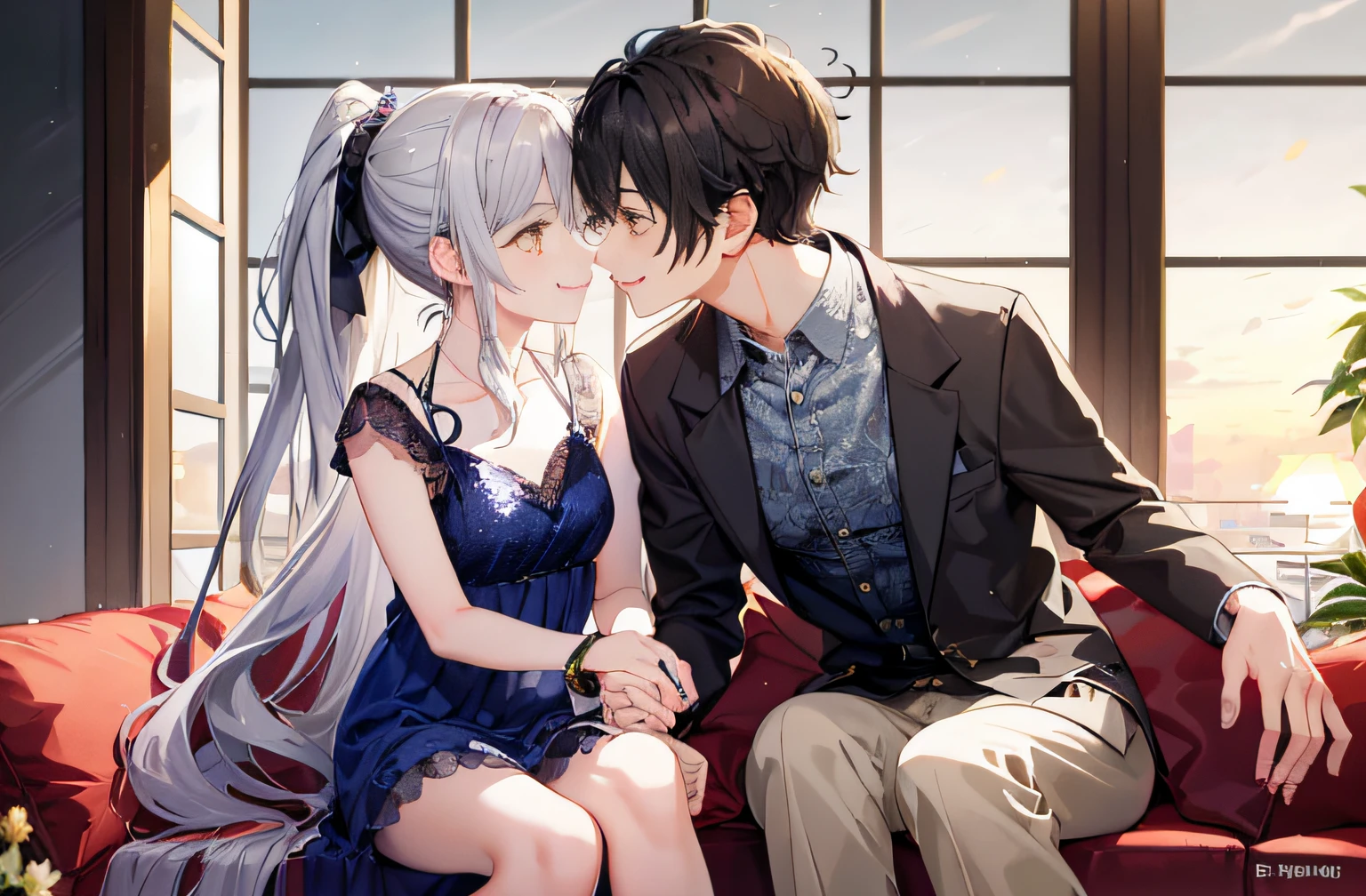 1 brown-eyed male boy with short black hair in full spring suit and 1 long curly and messy wavy silver hair high ponytail yellow eyes writhing girl in full spring dress juliet long slevess smiling, (Boy with girl smiling), (Boy with girl smiling and loviling)