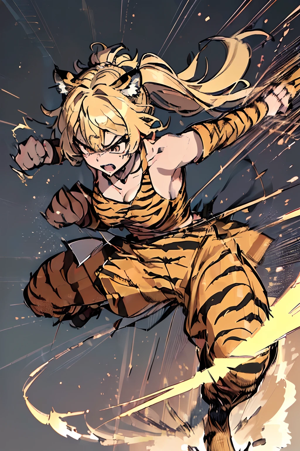 20yo 1girl, solo, (angry:1.2), small chest, (muscular:1.2), fang, (blonde long hair, tiger print bang:1.2), (tiger ears, locket necklace, triangle locket:1.2), (tiger print long pant, tiger print elbow gloves, black knee boot:1.2) full body, (high kick, fighting stance, flighting pose, flighting action, dynamic angle, battle, The girl is attacking at great speed, high speed action, the girl is moving at great speed, afterimage, palms:1.5), ( light particles, motion lines, speed lines, motion blur, The girl's hair flutter wildly in the wind, high speed:1.5), (Rocky areas, rubble)