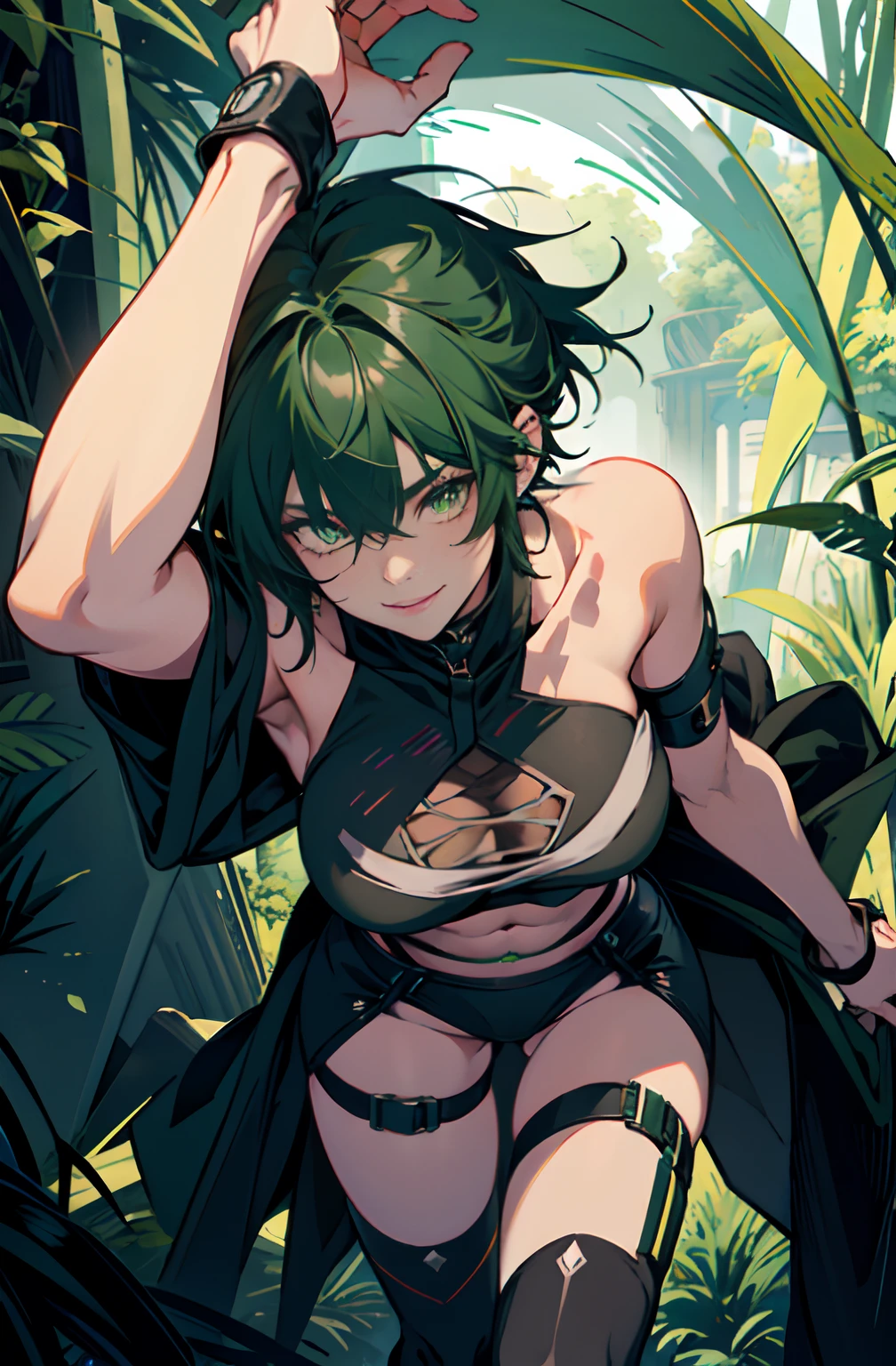 Pure sky，mechanical leg，Black mechanical legs，Plump legs，Green gem setting，Anime girl standing gracefully on the ground，Black cape and green hair, rogue anime girl, Anime girl standing, Wearing a cloak on the blasted plain, asuka suit under clothes!, Cyborg girl, badass posture, mechanic punk outfit, anime styled 3d, render of a cute 3d anime girl, gapmoe yandere grimdark, Female character，musculature，Abs，Glowing green eyes，Black hair with green gradient，short detailed hair，Bunched hair，Dull hair，（Muscle 2.0），Tomboyish，Be red in the face，looking at viewert，Elaborate Eyes，Black mechanical legs，huge tit，1.5，ssmile，Openwork black silk，Straight big breasts，strappy，Black openwork hot pants，White bandeau，Toothless smile，Lower breast，Mechanical wind，There are no cities，Side breasts，Excitation，Top crotch，Sexy lower abdomen，Camel toes，Sexy underarms，ultra gigantic tits，Raised his hand，Tie your hair backhanded，cropped shoulders