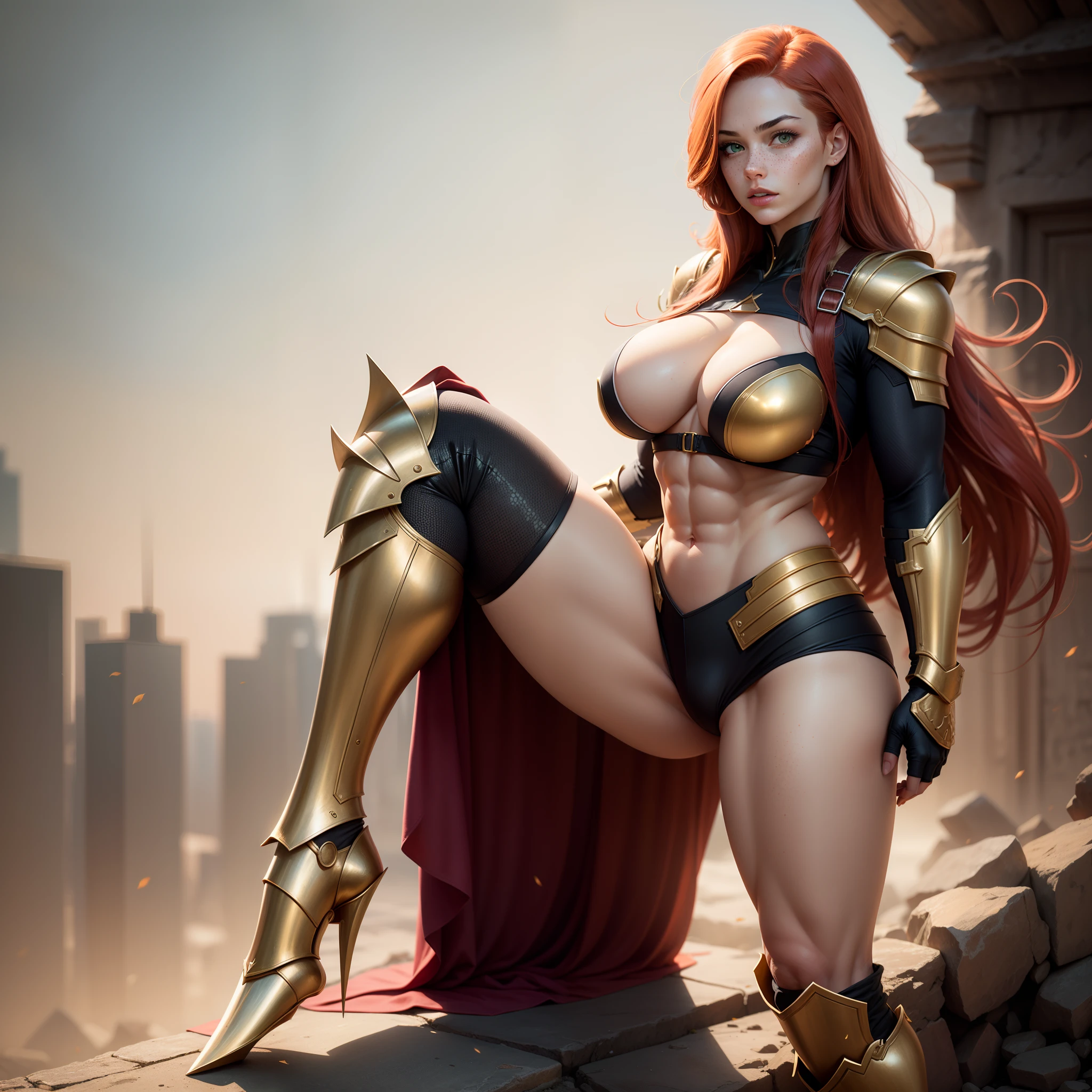 Redhead Super Heroine, beautiful, long red hair, realistic, full body photo, muscular, muscular ass, large breast, lots of freckles, green eyes, long legs, abs, broad shoulders, 8k resolution, one woman, gold armor, gold gauntlets