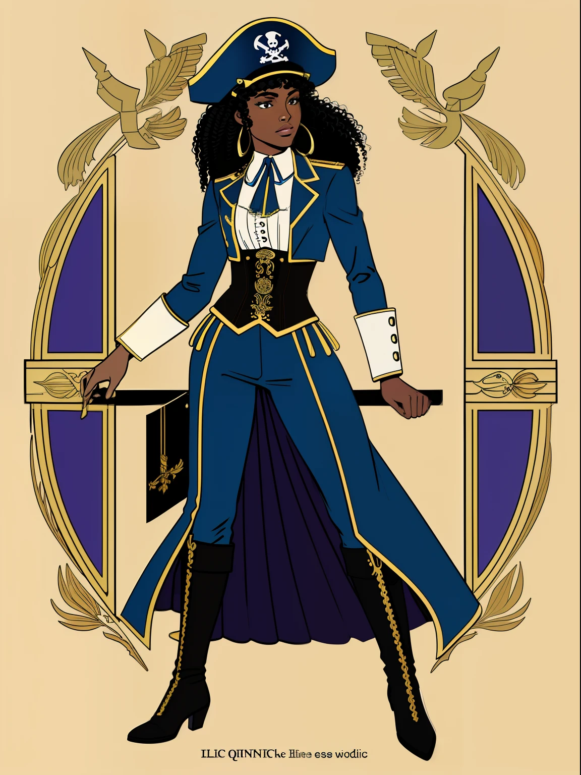 (comic style:1.3), (line art:1.5), (full body),(masterpiece, award winning, best quality:1.3), (flat color:1.3),(colorful:1.3), 1 girl ((solo)), Haitian, drinking in a tavern, long curly black hair, dark skin, wearing a blue captains jacket, blue captains hat, blue pants, corset, pirate ship, cinematic, masterpiece, detailed background, detailed material textures, serious, realistic 1.35, muscular 1.2
