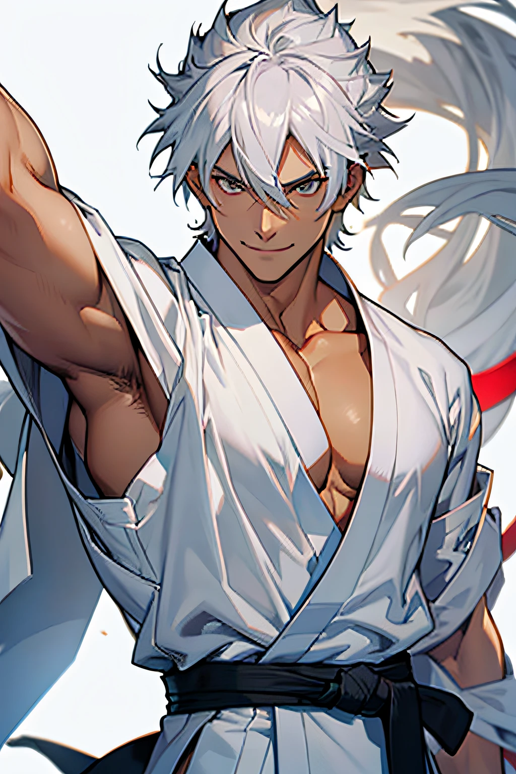 1 male character, Tan skin, Hair white eye silver, tall character, body strong and slender, greets with a peaceful expression smile showing your strength and confidence, wearing kimonos, captivating look, personality shining through the eyes, graceful posture, he character is a martial artist