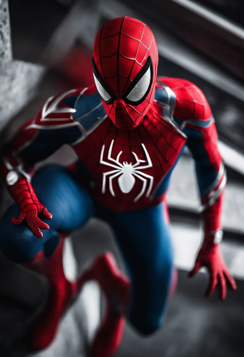 spiderman MCU advanced red and blue suit with white long spider symbol with mcu black and white small movable eyelences