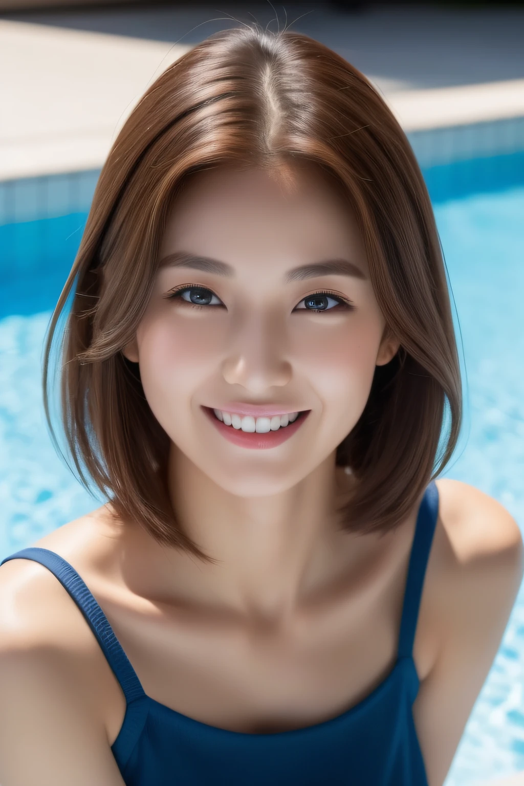 (best qualtiy,4K:1.3),hyper realisitic,(Colossal tits: 1.2), Cheerful woman ,1Man Woman, dark brown hair、sitting on, A refreshing smile、 poolparty,Detailed eyes,二重まぶた,Sensual dress with low collar,hanging breasted,Super Detailed Face,Detailed lips