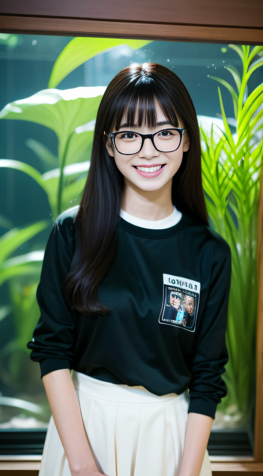 （wears glasses）、aquariums、fish tank、tropical fish、Lots of Fish、a smile、absolutely outstanding image, very extremely beautiful、​masterpiece, top-quality,a picture, kawaii、(Colossal tits:1.2)、,8K,Japan girl realistic young idol、Young cute gravure idol、Young Sensual Gravure Idol、Young gravure idols、model in Japan