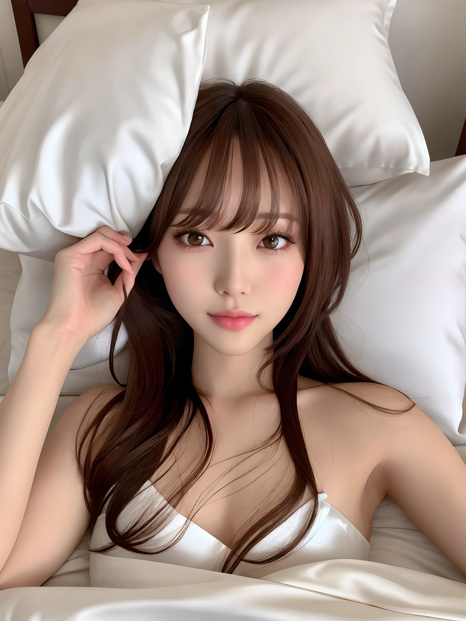 product quality, 1girl, full body shot, composition looking subject up from below, a Japanese young pretty woman, hyper pretty face, wearing a marriage ring, long bob hair, closing eyes, sleeping on a silk bed, opening mouth widely, wrapping her body with shiny satin white sheets directly in naked, busty, wet body, glossy lips, glamorous figure, lying on her back with spreading legs on the silk bed, silk pillow, silk bed sheets, double eyelids in both eyes, natural makeup, long eyelashes, shiny smooth light brown hair of long bob, asymmetrical bangs, tanned skin, central image, high resolution, high detail, detailed hairstyle, detailed face, spectacular cinematic lighting, octane rendering, vibrant, hyper realistic, perfect limbs, perfect anatomy