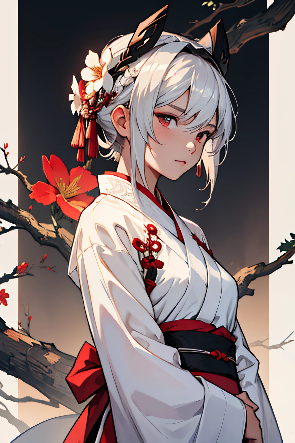 Female, 1 Girl, Hair Short Straight and Black, Eye Silver, calm expression, Body Strong and Slin, Clothes Hanfu, White and red,  she has a flower hair accessories