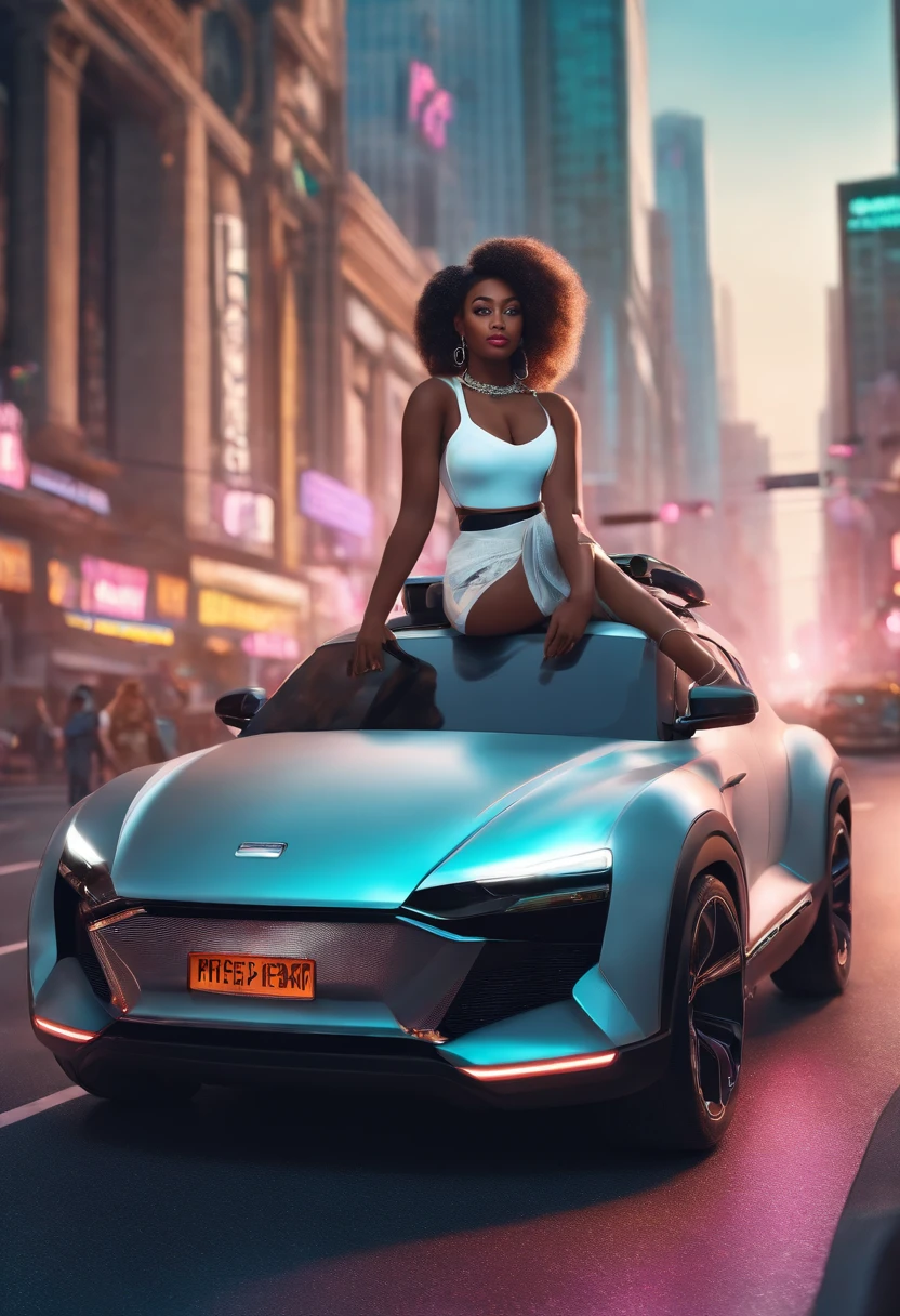 (Masterpiece - Detailed - Best Quality)
The image depicts a gorgeous thick-framed African American woman with wide hips and a full bust posing confidently in front of a sleek futuristic SUV. She is rendered in a fusion of kawaii and barbiecore styles, while the background shows an expansive cyberpunk cityscape.
The black woman has an exaggerated cute face with oversized expressive eyes, rosy cheeks, and a small mouth. Her curly hair is colored in pastel hues with whimsical hair clips. She wears a baby pink cropped bustier and matching mini skirt in classic barbiecore fashion. Kawaii elements like sparkles and rainbows decorate her outfit.
Behind her, the angular futuristic all-white SUV provides a clean contrast to the bright colors. In the distance, glowing skyscrapers with holographic billboards and airborne vehicles fill the vivid cityscape.
The woman's lively pose and the playful blending of old and new aesthetics create an uplifting, imaginative vision showcasing black beauty and confidence. The details intermingle delightfully for a mind blowing cyber-fantasy.
(Masterpiece - Detailed - Best Quality)