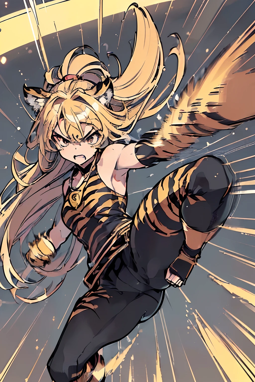 20yo 1girl, solo, (angry:1.2), small chest, (muscular:1.2), fang, (blonde long hair, tiger print bang:1.2), (tiger ears, locket necklace, triangle locket:1.2), (tiger print long pant, tiger print elbow gloves, black knee boot:1.2) full body, (high kick, fighting stance, flighting pose, flighting action, dynamic angle, battle, The girl is attacking at great speed, high speed action, the girl is moving at great speed, afterimage, palms:1.5), ( light particles, motion lines, speed lines, motion blur, The girl's hair flutter wildly in the wind, high speed:1.5), (Rocky areas, rubble)