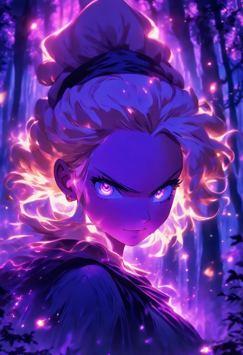female with glowing purple eyes, blonde hair, witch, goddess, casting glowing spells, in mystical fantasy woods
