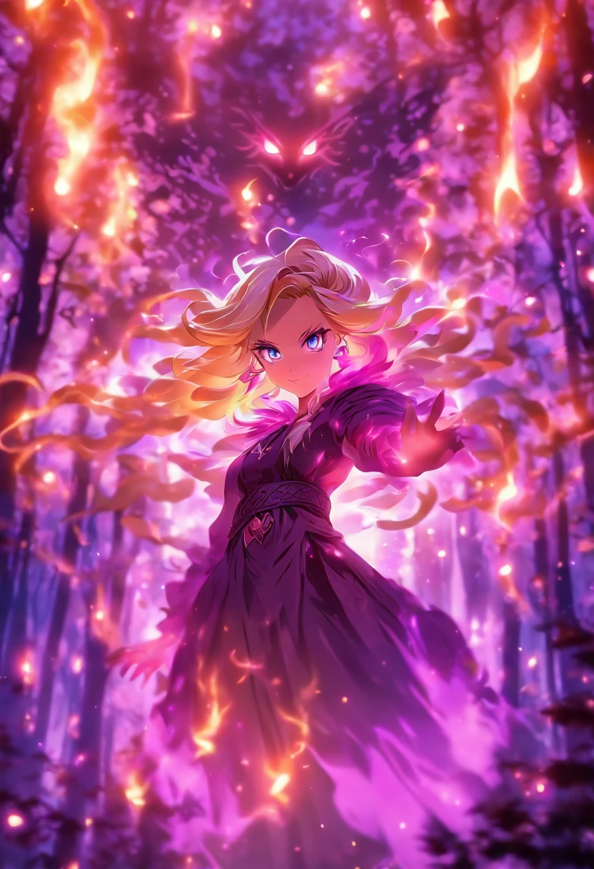 female with glowing purple eyes, blonde hair, witch, goddess, casting glowing spells, in mystical fantasy woods