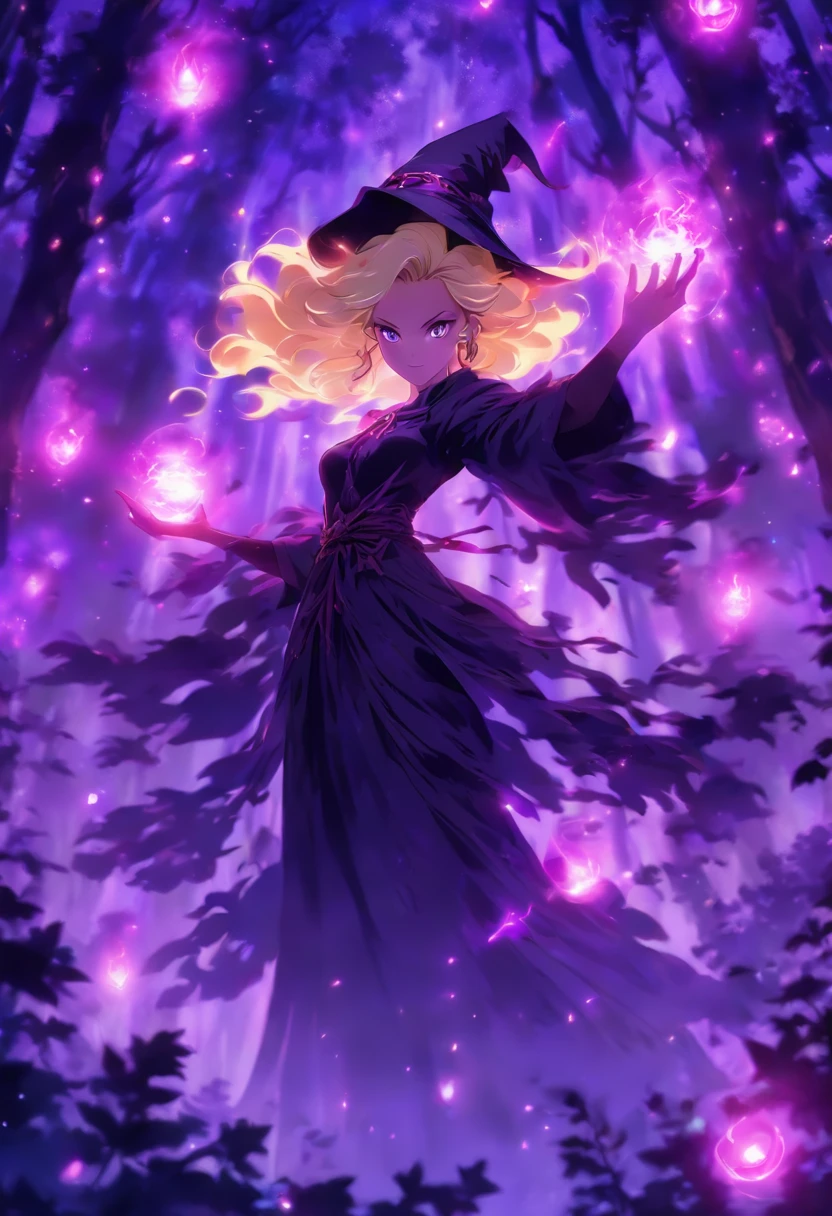 female with glowing purple eyes, blonde hair, witch, goddess, casting glowing spells, in mystical fantasy woods