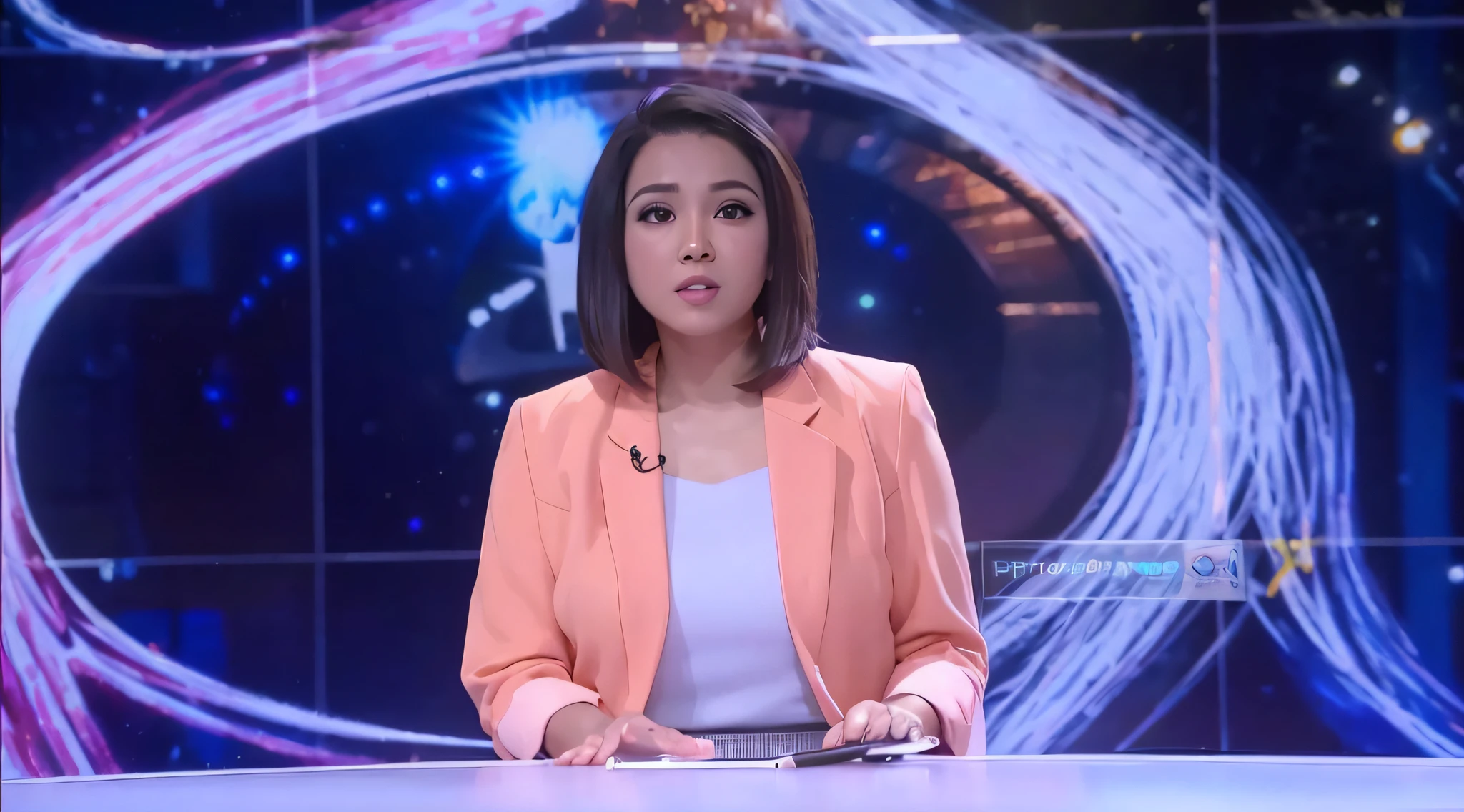 News anchor, Indonesian, black hair, white skin, super detail, super realistic