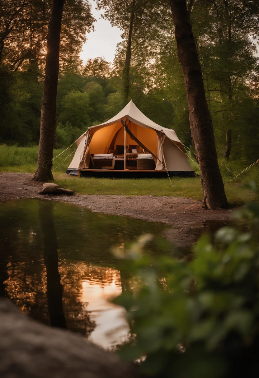 Glamping Site, Wide-angle shooting details, Panorama Shot, Lake Side Tent, chairs and tables, summer twilight background, Setting up a camp area, Take wide-angle panoramas, Shooting with the EOS 5D Mark IV, Summer lake zone settings, The surroundings include lakes and courtyards.. --auto --s2