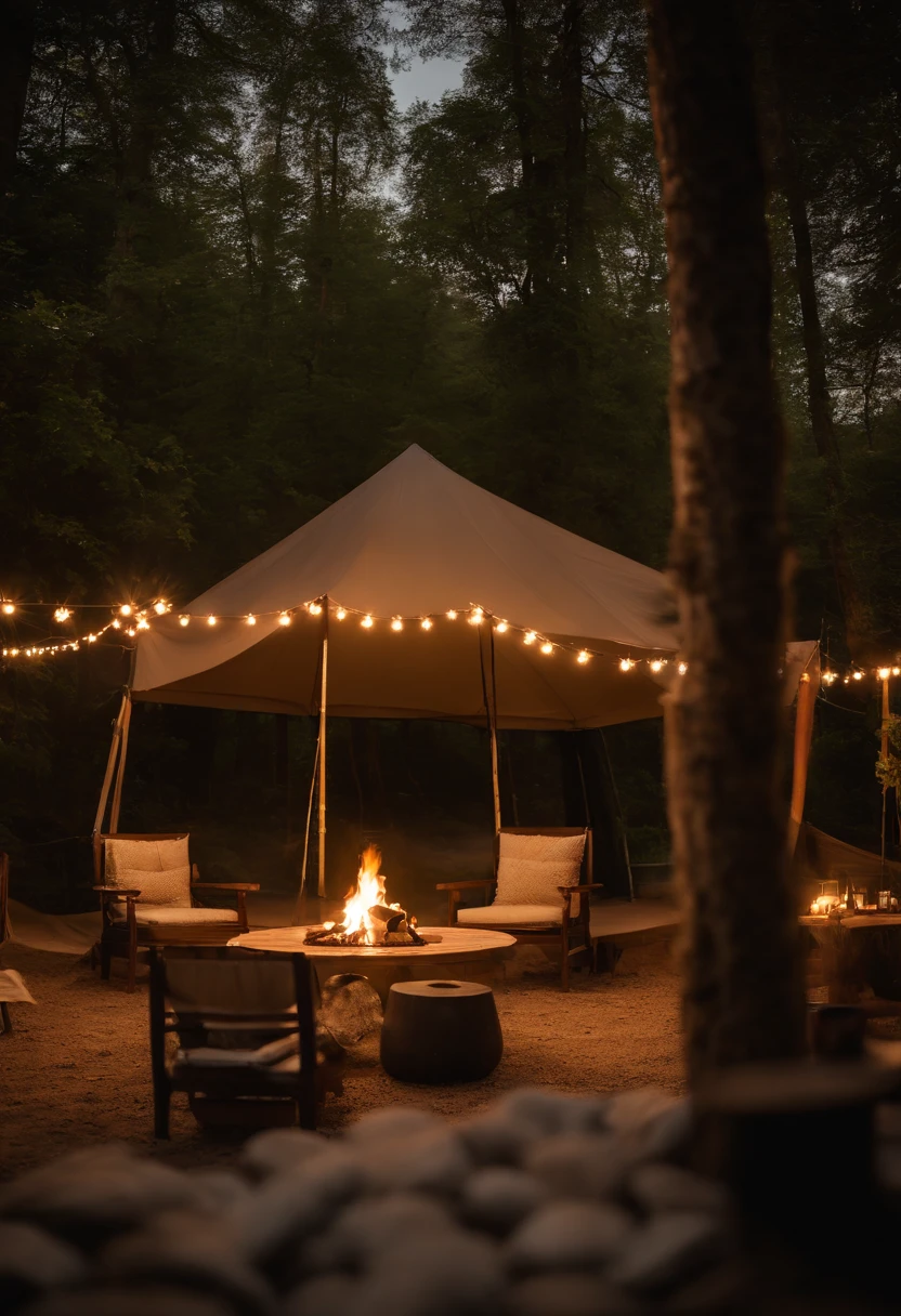 Glamping Site, Wide-angle shooting details, Panorama Shot, Lake Side Tent, chairs and tables, summer twilight background, Setting up a camp area, Take wide-angle panoramas, Shooting with the EOS 5D Mark IV, Summer lake zone settings, The surroundings include lakes and courtyards.. --auto --s2