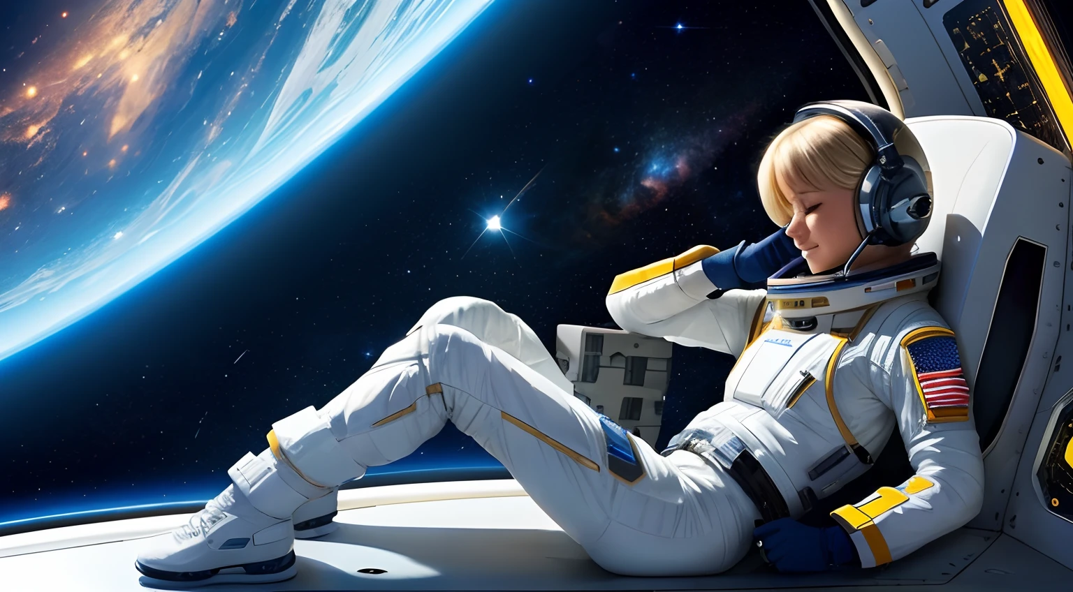 realistic Illustration of a short blond female pilot exploring space ultra-high definition detail, She sits in her bedroom on the spaceship ultra-high definition detail, taking a rest listening to music exploring the unknown realm of the universe, It is characterized by her calm and brave figure, The background is an expanse of outer space with galaxies and nebula across space. The costume is a spaceship pilot's suit, ultra-high definition detail, deep space, she is in the space station, she is smiling, enjoying the music, she has her eyes half open, comet leaving a trail of dust in the background