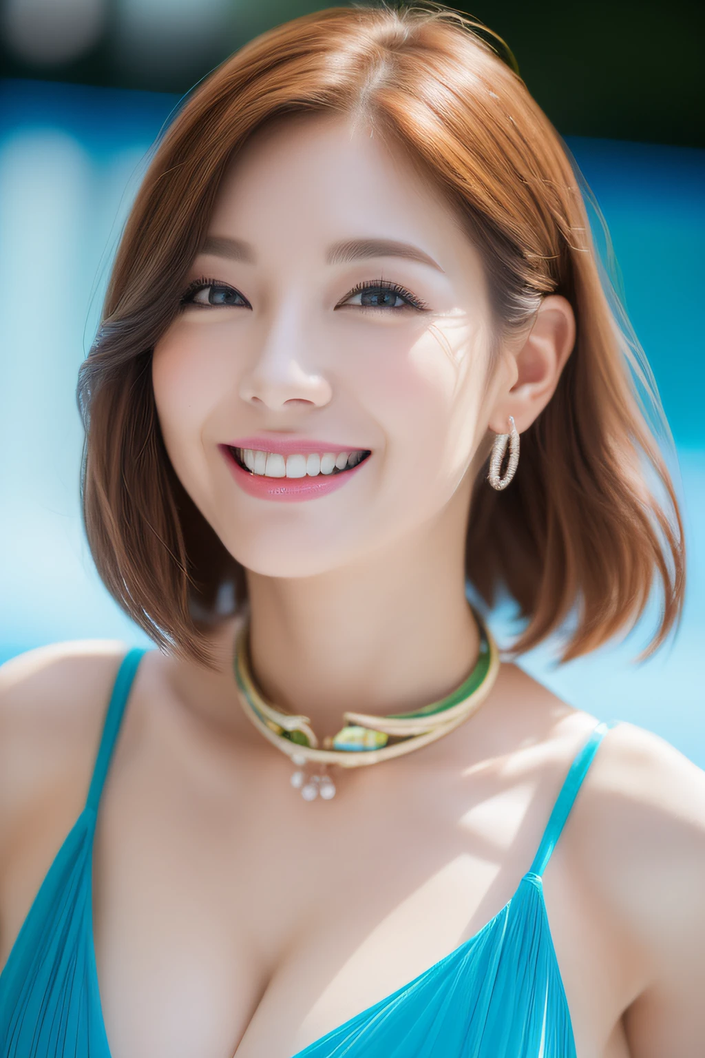 (best qualtiy,4K:1.3),hyper realisitic,(Colossal tits: 1.2), Cheerful woman ,1Man Woman, A refreshing smile、 poolparty,Detailed eyes,二重まぶた,Sensual dress with low collar,hanging breasted,Super Detailed Face,Detailed lips
