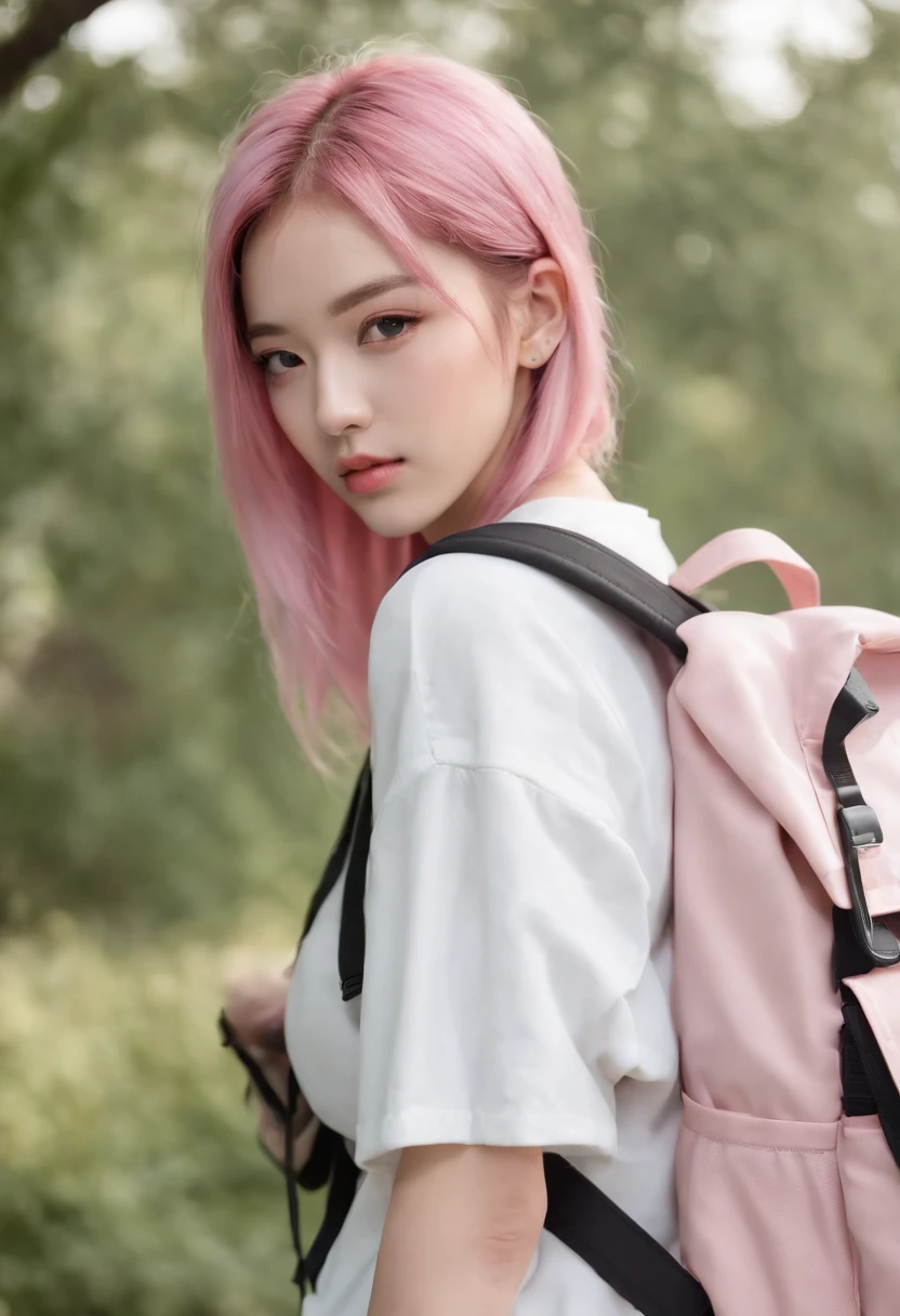 Anime girl with pink hair with backpack, She is seen wearing streetwear pieces, with pink hair, portrait of jossi of blackpink, ulzzangs, ((Pink)), jossi of blackpink, lalisa manoban of blackpink, wearing cyberpunk streetwear, japanese streetwear, With long hair, Anime girl in real life, Casual pose, Pink girl
