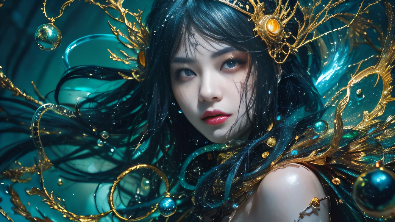 water,Blood,Night, Dark, (fantasy),unlimited,Deep blue sky,Black eyeballs,Water flow hood,((Clay works)), (((Best quality))),((Beautiful fine eyes)),(eyeslashes)、A fairy riding a mythical beast、(1 fairy)、Black hair、cabelos preto e longos、The black eye of the abyss、Rouge skin、multicolor(Huge water droplets)、Golden robes、Broken ice flowers、Realistic coat、、crystal、Super delicate CG Unity 32k wallpaper、tmasterpiece, ((ultra - detailed)), ((illustratio)),Extremely colorful,the wallpaper,energy,Unknown terror,mind bending,Around water technology,Magical environment,Guns and sticks,Boken,Flight page,Know it all,Predicting the future、Learn about the past、Infinite wisdom、Blue Flame、Warlock、Langshu Circle、pentacle、Spells、(((Asian people)))