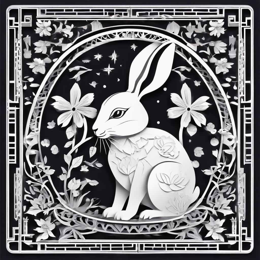 A cute white rabbit sticker, red eyes, a cute warrior , a full moon, a Chinese Classic Room, and a mysterious image. It's night but it's bright