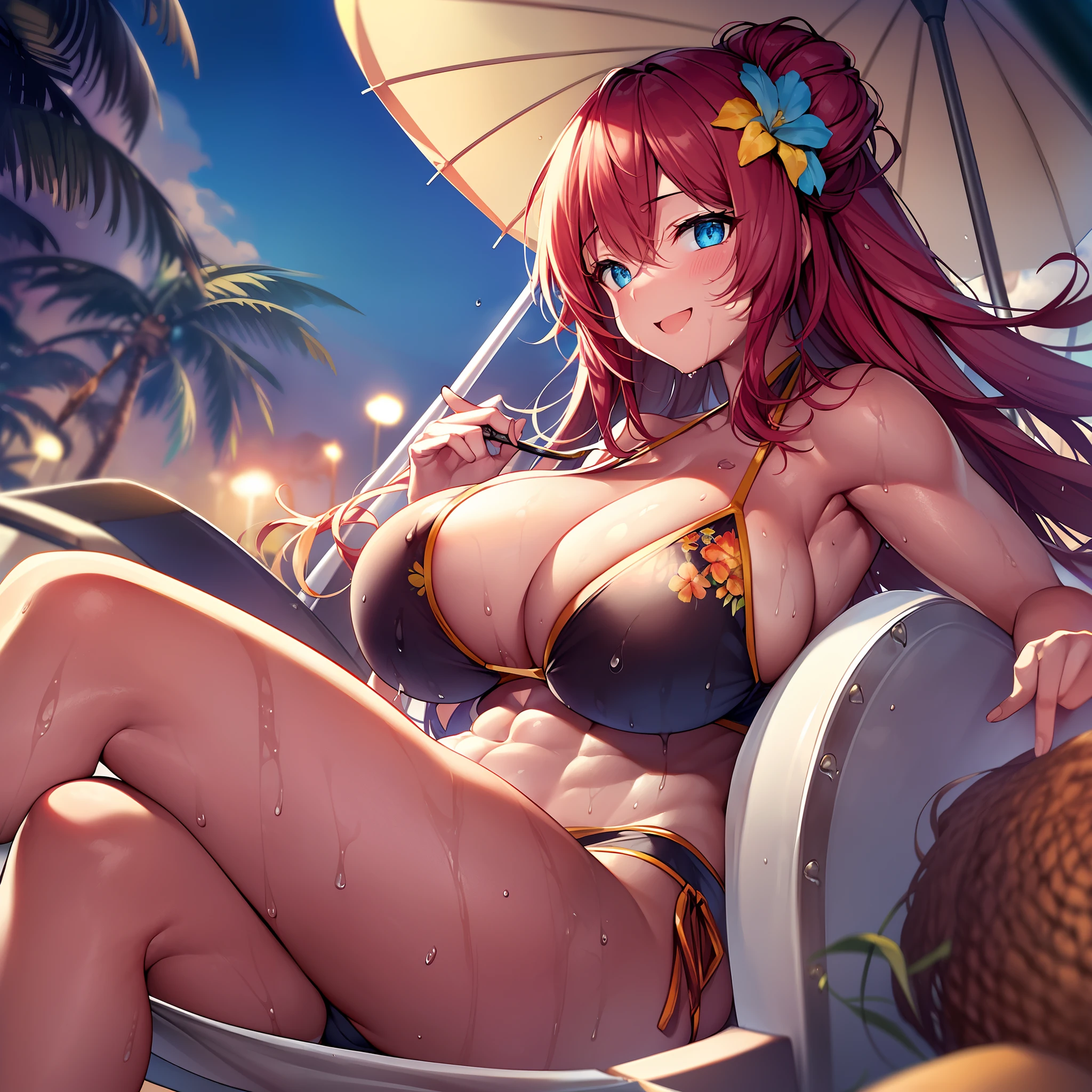 Outrageous resolution、masutepiece++,top-quality++,ultra-defined++, ultra-defined++,4K++,8K++,(Background Focus)++, Highly detailed, Viewer's Perspective、((Tropical sandy beach))++、((Brown-skinned))++, ((1)), ((((Lying on a beach chair))))++++,(((Floral swimsuit)))+++,(((parasol)))++++,((Tropical juice))+ +,((sandal)) ++,((Brown-skinned))++,(Floral hair ornament) +,(Sharp eyes)、(Red-haired), (Super shiny hair and skin), (Sunlight),((Beautiful)),(Huge breasts_Body: 1.5),(Huge breasts:1.5), Muscular girl with clearly visible abs and muscles, Sweaty body, cleavage, Dynamism, (Abs cleansing and shaving, Muscle muscle thighs) +, A lively smile, Perfect eyes, Perfect hands, Perfect nose, Magic Battle Dark, Bright atmosphere, (wet effect) +, (light effect), (Cinematic Light) + , (Like a movie of light) +