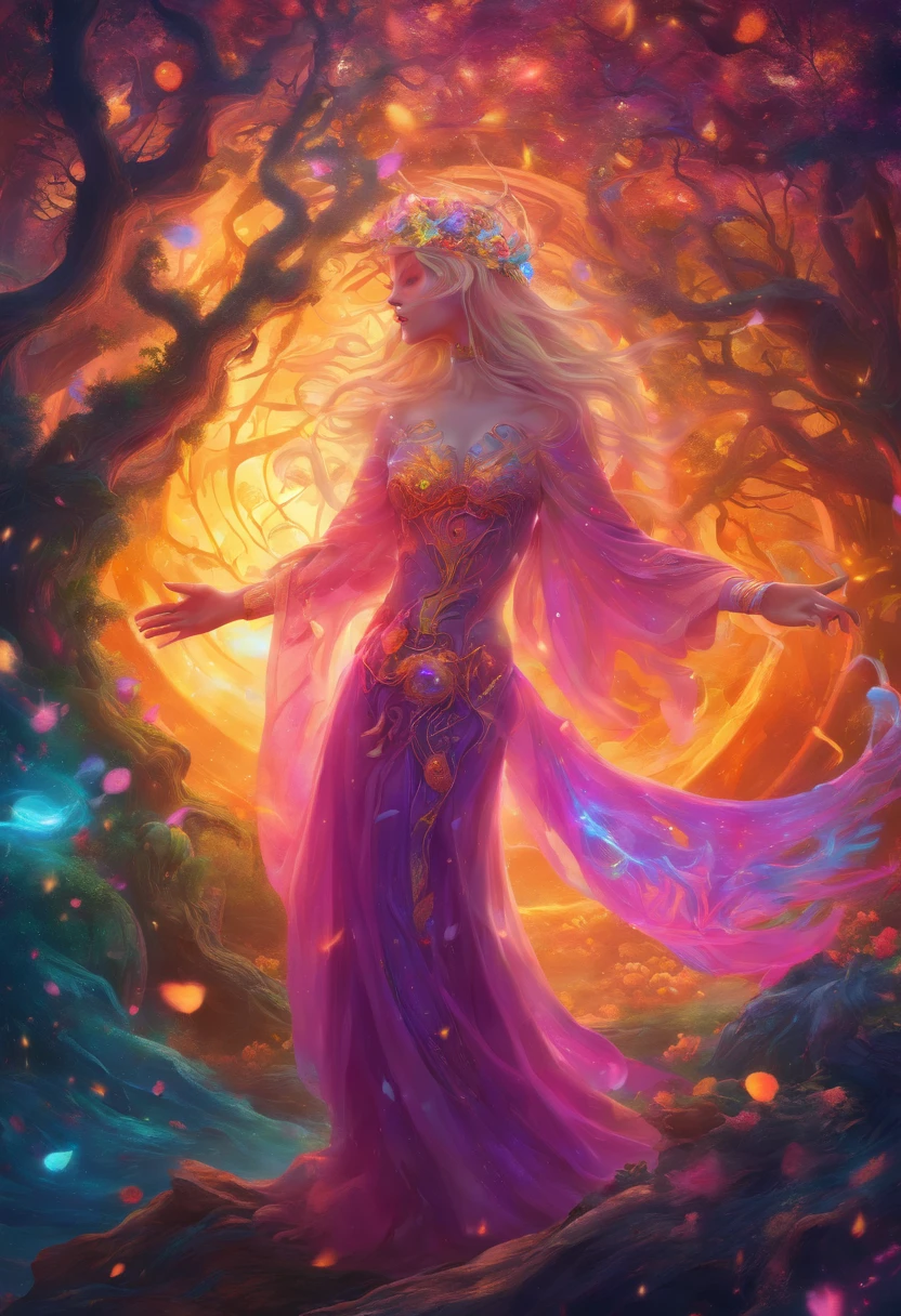 (best quality,4k,8k,highres,masterpiece:1.2),ultra-detailed,(realistic,photorealistic,photo-realistic:1.37),female with glowing purple eyes,blonde hair,witch,goddess,casting glowing spells,in mystical fantasy woods,illustration,magical atmosphere,mystical creatures,rays of light,ethereal beauty,enchanting landscape,vibrant colors,surreal dreamscape,hint of fog,dark forest,enchanted trees,whispering leaves,moonlit sky,sparkling stars,casting a spell,ancient runes,flowing gown,magical wand,aura of power,divine presence,powerful and mystical,ethereal and magical,moon goddess,otherworldly energy,captivating and alluring,spellbinding and mysterious,magical ambiance,graceful and elegant,mesmerizing and enchanting