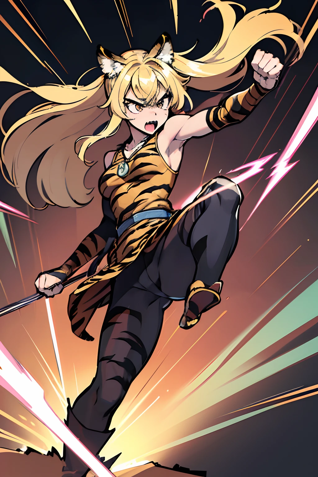 20yo 1girl, solo, (angry:1.2), small chest, (muscular:1.2), fang, (blonde long hair, tiger print bang:1.2), (tiger ears, locket necklace, triangle locket:1.2), (tiger print long pant, tiger print elbow gloves, black knee boot:1.2) full body, (high kick, fighting stance, flighting pose, flighting action, dynamic angle, battle, The girl is attacking at great speed, high speed action, the girl is moving at great speed, afterimage, palms:1.5), ( light particles, motion lines, speed lines, motion blur, The girl's hair flutter wildly in the wind, high speed:1.5), (Rocky areas, rubble), BREAK from below