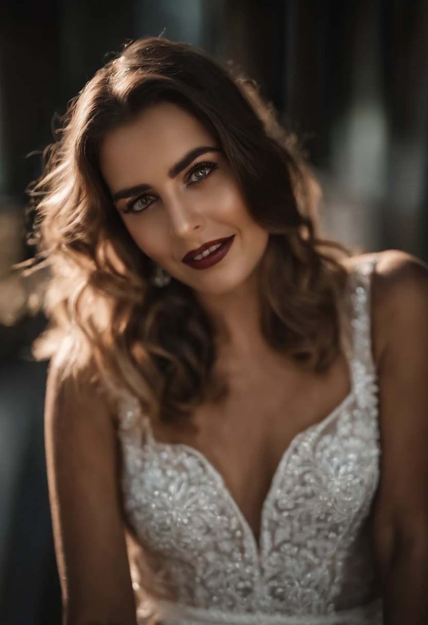 .RAW, analogue, Nikon Z 85mm,((La mejor calidad)), ((Obra maestra)), ((realista)),Imagen vintage, Hermosa mujer rusa, rubio, 20 year, posar en un club, Usando vestido, Smile with teeth showing, ((medianos senos)), Detalles intrincados, Altamente detallado, foco nítido, profesional, 4k, Dios Rayos, Modelo de mano, Impresionantes ojos marrones, little guy, Altas Resoluciones, Detailed facial features, High detail, foco nítido, Suave, extremadamente detallado, Foto_\(ultra\), fotorrealista, realista, Post-procesamiento, maximum details, aspereza, vida real, ultra realista, Fotorrealismo, 8k UHD, Luz semi-silueta, Cara eslava, cabello largo y rubio, cabello hermoso, Face with character