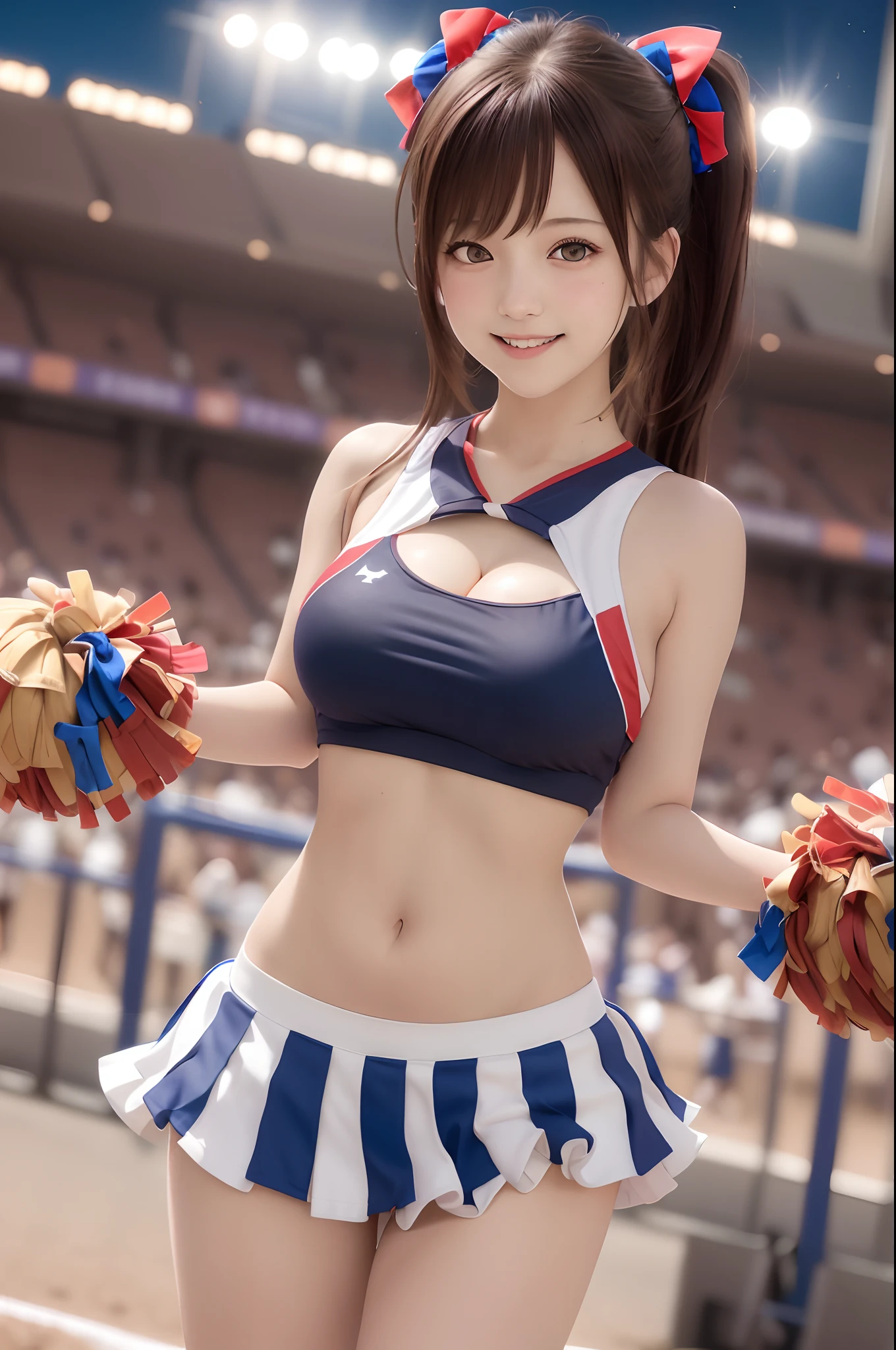 8K,top-quality,Real Image,intricate detailes,超A high resolution,Depth Field,masuter piece,natural soft light,profetional lighting,1 girl in,(cute little:1.2),Very beautiful 17 year old cartoon girl, photorealistic anime girl render, realistic anime 3 d style,A detailed eye,((Brown-eyed)),(Brown hair),(bangss),poneyTail,big round chest,cleavage of the breast,Red and blue cheerleader uniform,Baseball team cheerleader,skirt by the,Giant pompons,Seductive smile,Beautiful and thin legs,Stands at the baseball stadium at night,natta