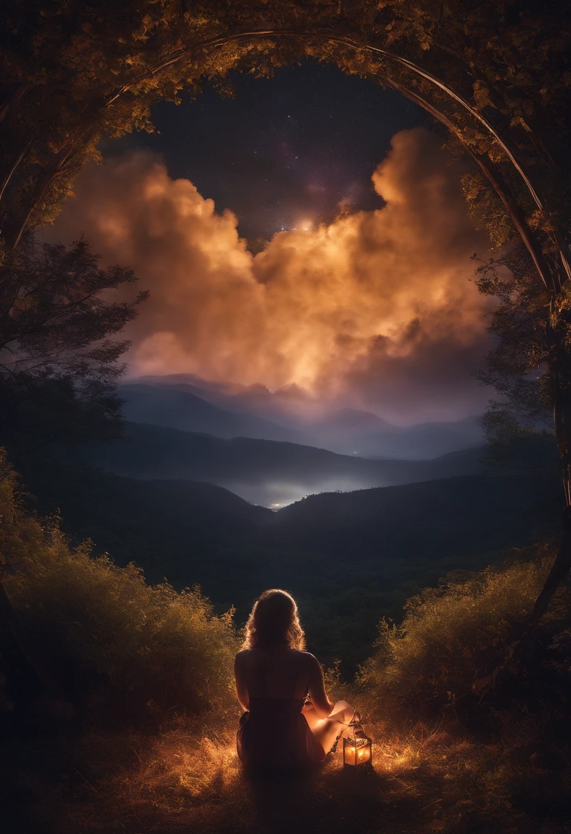 Photos of vast landscapes,(View from below,Above is the sky.,Below is an open flower field.),Triangle Tent,A couple looks up in a field of flowers.,Starriski,(full big moon:1.2),(meteorite:0.9),(Star Cloud:1.3),Far Mountain, The Art of Tree Break,(Warm light source:1.2),(glowworm:1.2),lamp,A lot of purple and orange.,intricate detailed,Vault Light,realism BREAK,Nature elements in the camping theme。Mysterious mountain views,Beautiful summer night sky,Good outdoors,Surrounded by white roses,Delicate leaves and branches surrounded by fireflies.(Natural composition),(Camping theme),(glowworm),(Particle effect)and other 3D, Octane Rendering,Ray Thrashing,Super meticulous.