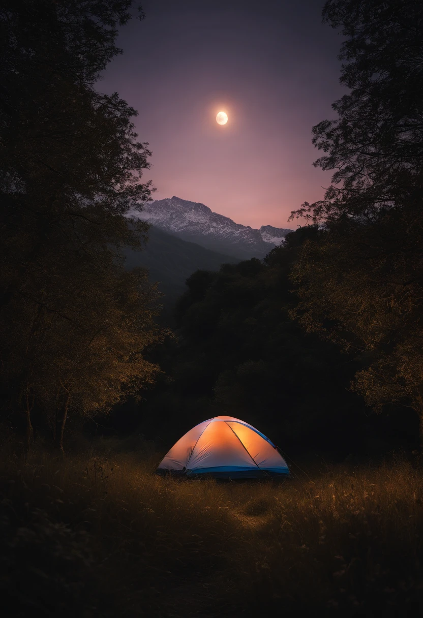 Photos of vast landscapes，（View from below，Above is the sky.，Below is an open flower field.），Triangle Tent，A couple looks up in a field of flowers.，Starriski，（full big moon：1.2），（meteorite：0.9），（Star Cloud：1.3），Far Mountain, The Art of Tree Break，（Warm light source：1.2），（glowworm：1.2），lamp，A lot of purple and orange.，intricate detailed，Vault Light，realism BREAK，Nature elements in the camping theme。Mysterious mountain views，Beautiful summer night sky，Good outdoors，Surrounded by white roses，Delicate leaves and branches surrounded by fireflies.（Natural composition），（Camping theme），（glowworm），（Particle effect）and other 3D， Octane Rendering，Ray Thrashing，Super meticulous.