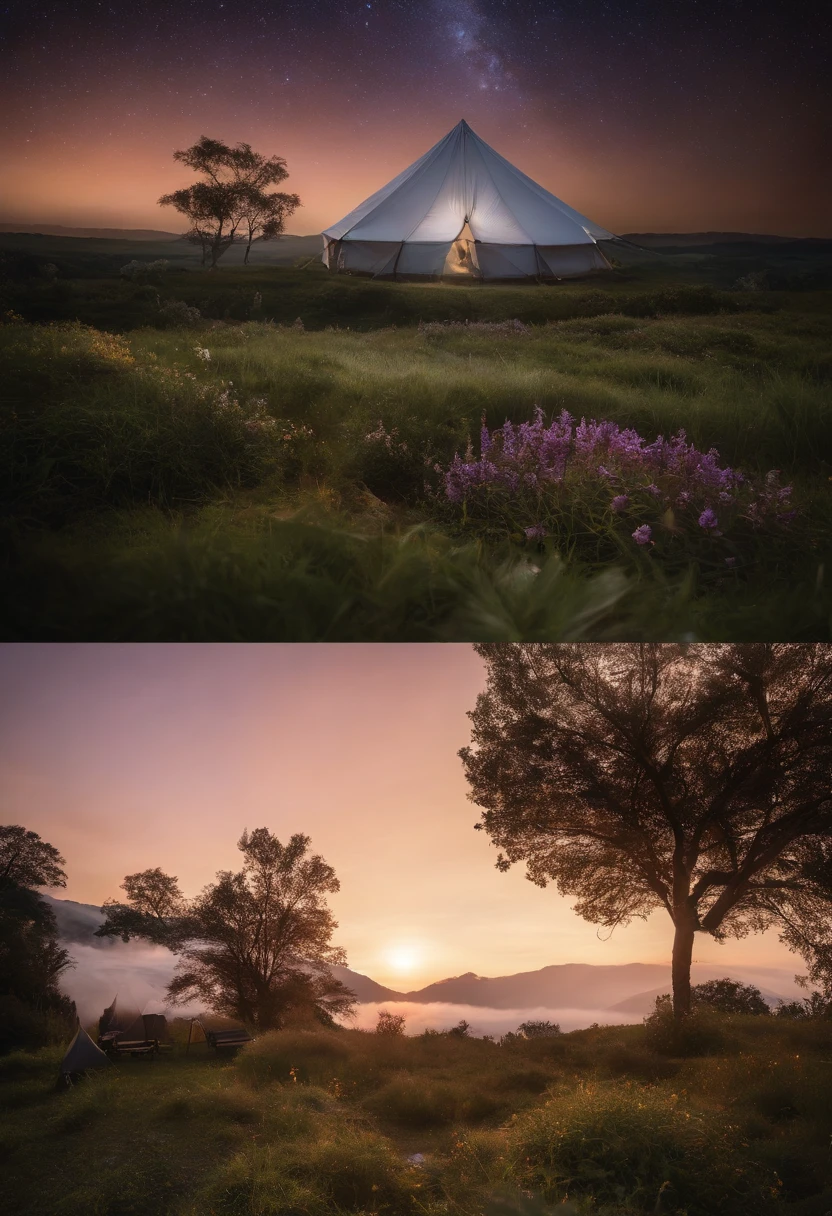 Photos of vast landscapes,(View from below,Above is the sky.,Below is an open flower field.),Triangle Tent,A couple looks up in a field of flowers.,Starriski,(full big moon:1.2),(meteorite:0.9),(Star Cloud:1.3),Far Mountain, The Art of Tree Break,(Warm light source:1.2),(glowworm:1.2),lamp,A lot of purple and orange.,intricate detailed,Vault Light,realism BREAK,Nature elements in the camping theme。Mysterious mountain views,Beautiful summer night sky,Good outdoors,Surrounded by white roses,Delicate leaves and branches surrounded by fireflies.(Natural composition),(Camping theme),(glowworm),(Particle effect)and other 3D, Octane Rendering,Ray Thrashing,Super meticulous.