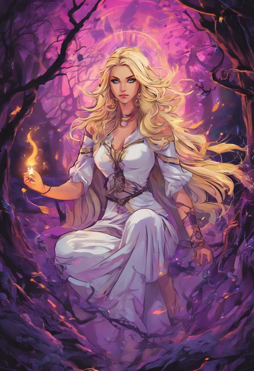 female with glowing purple eyes, blonde hair, witch, goddess, casting glowing spells, in mystical fantasy woods, evil smirk