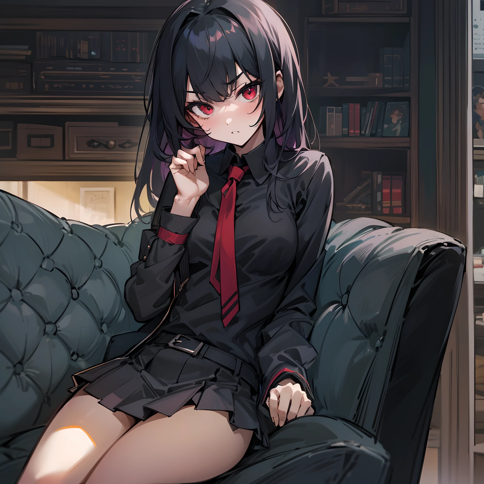 This is a picture of a girl that is mad at the viewer, masterpiece, 8k, highres, top-quality, Extremely detailed, black hair, dark red eyes,black shirt, black miniskirt, sharp eyes, sharp face, tsundere, anime style, sitting on a cushioned chair, crossed legs, close-up view, ultra detailed living room background