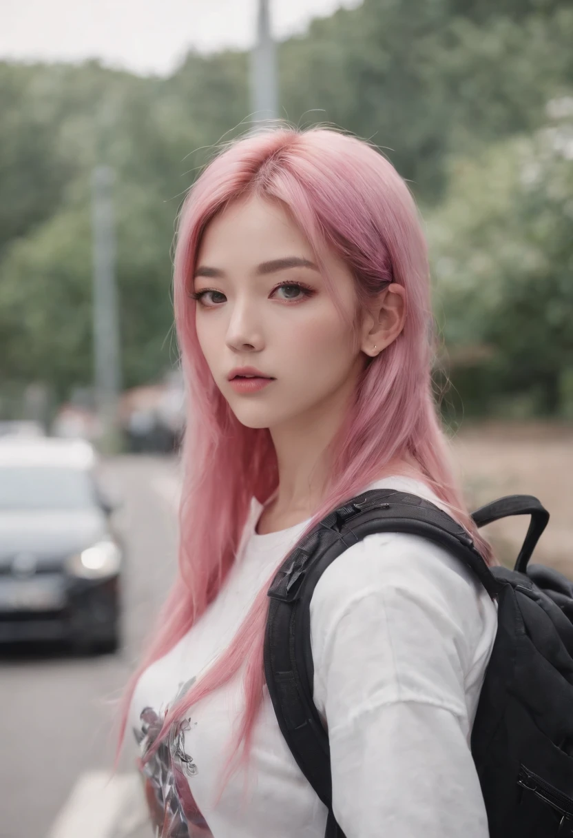 Anime girl with pink hair with backpack, She is seen wearing streetwear pieces, with pink hair, portrait of jossi of blackpink, ulzzangs, ((Pink)), jossi of blackpink, lalisa manoban of blackpink, wearing cyberpunk streetwear, japanese streetwear, With long hair, Anime girl in real life, Casual pose, Pink girl