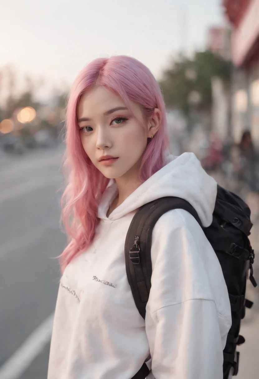 Anime girl with pink hair with backpack, She is seen wearing streetwear pieces, with pink hair, portrait of jossi of blackpink, ulzzangs, ((Pink)), jossi of blackpink, lalisa manoban of blackpink, wearing cyberpunk streetwear, japanese streetwear, With long hair, Anime girl in real life, Casual pose, Pink girl