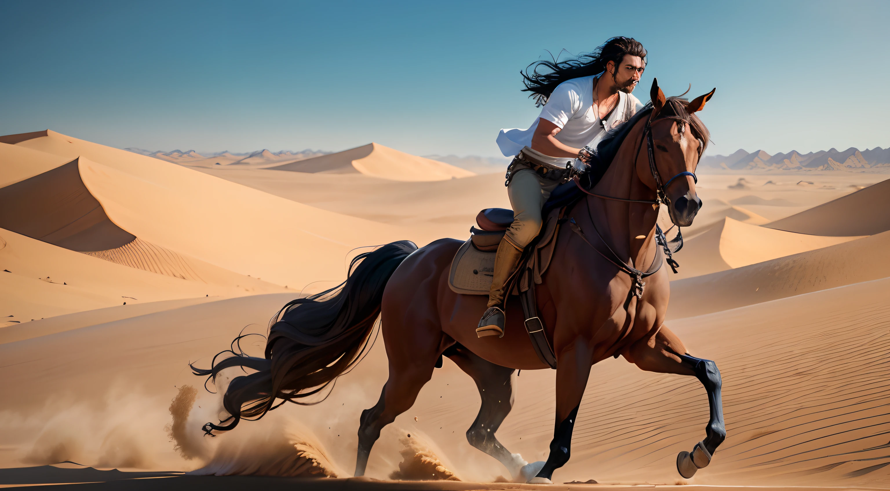 "Amid the scorching vastness of the desert, A man of striking features gallops with vigor on his horse. O sol escaldante pinta seu rosto com uma pele bronzeada e contornos definidos. Seus olhos, profundos e determinados, are fixed on the horizon, reflecting the seriousness and focus of its mission.
Vestindo roupas simples e modestas, Typical of a prophet of biblical times, suas vestes de linho oscilam com o movimento do cavalo. Cada linha de seu rosto carrega a sabedoria de muitas jornadas, e sua barba escura, Denso, adiciona uma aura de gravidade e respeito. O escuro, short hair is stirred by the arid wind, enquanto sua boca se mantiver firme, signaling an unwavering determination.
O cavalo, an extension of his will, gallops hard through the golden dunes, levantando uma trilha de poeira que se mistura com o calor pulsante do deserto. This is the image of a prophet on his journey, seeking guidance in the arid vastness of life."