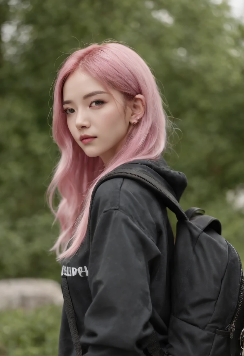 Anime girl with pink hair with backpack, She is seen wearing streetwear pieces, with pink hair, portrait of jossi of blackpink, ulzzangs, ((Pink)), jossi of blackpink, lalisa manoban of blackpink, wearing cyberpunk streetwear, japanese streetwear, With long hair, Anime girl in real life, Casual pose, Pink girl