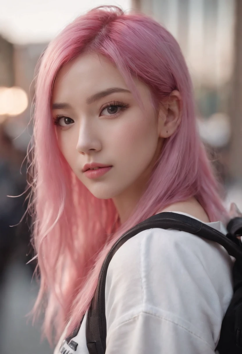 Anime girl with pink hair with backpack, She is seen wearing streetwear pieces, with pink hair, portrait of jossi of blackpink, ulzzangs, ((Pink)), jossi of blackpink, lalisa manoban of blackpink, wearing cyberpunk streetwear, japanese streetwear, With long hair, Anime girl in real life, Casual pose, Pink girl